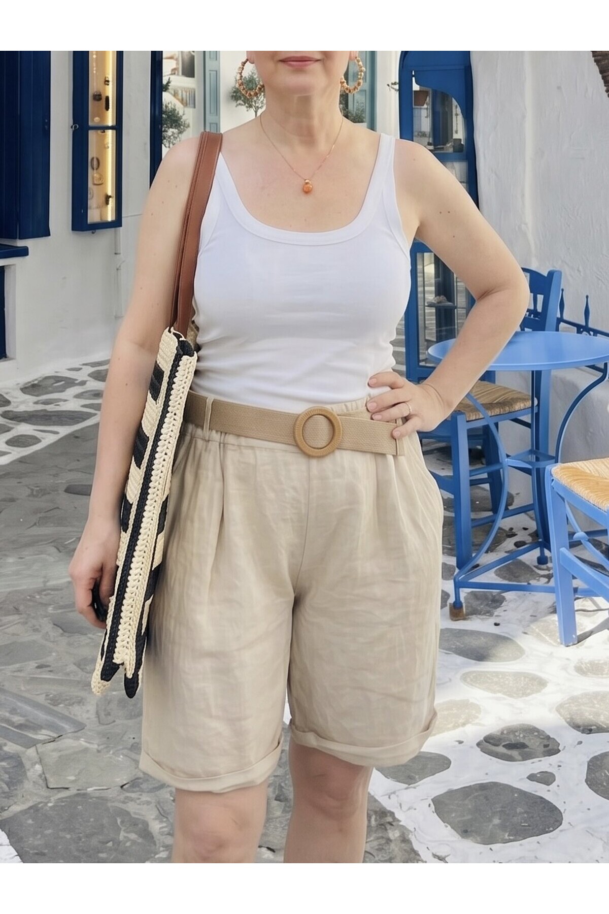 Mira | İtalyan Kemerli %100 Linen Şort Beige