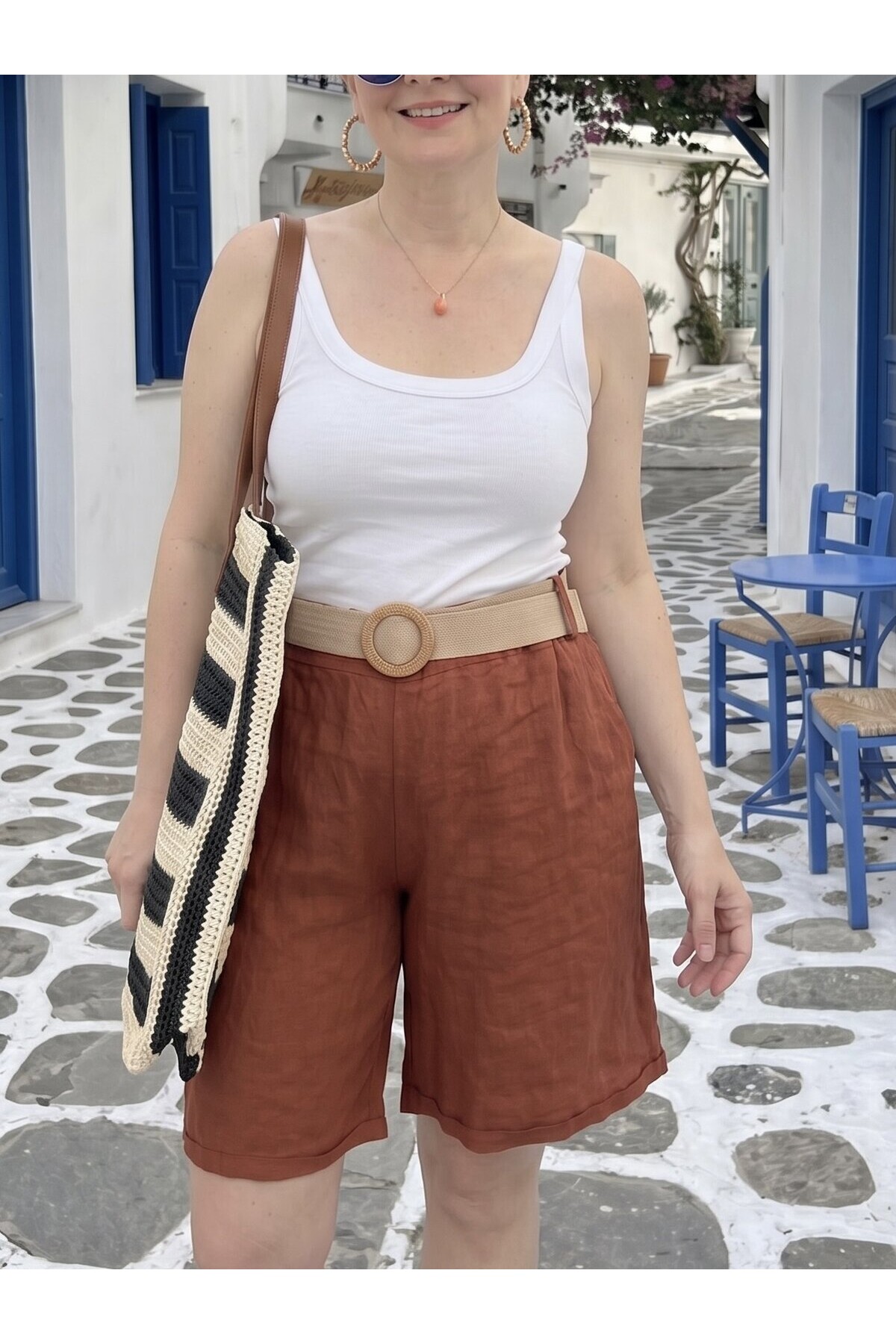 Mira | İtalyan Kemerli %100 Linen Şort Taba