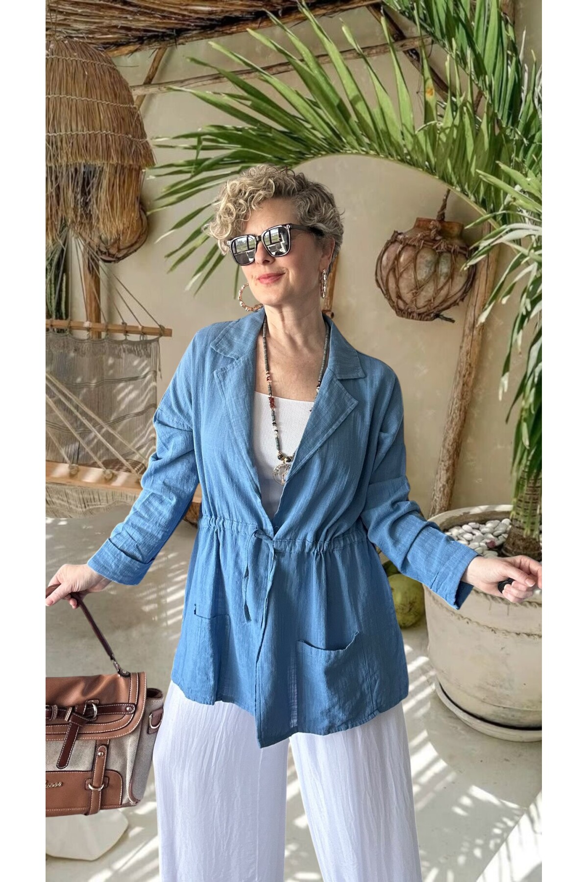 Mosas Büzgü Detaylı Pamuklu Tasarım Ceket İndigo