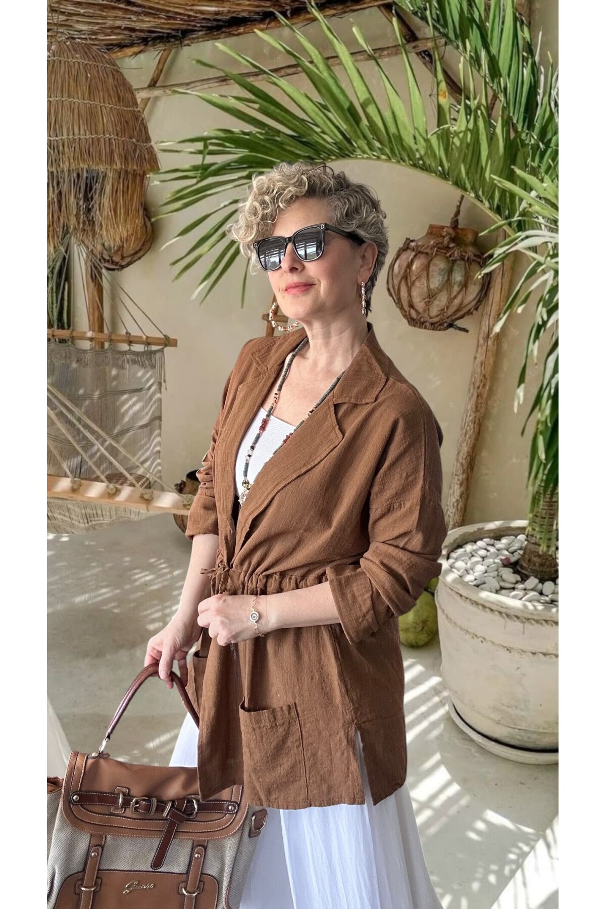 Mosas Büzgü Detaylı Pamuklu Tasarım Ceket Kahve