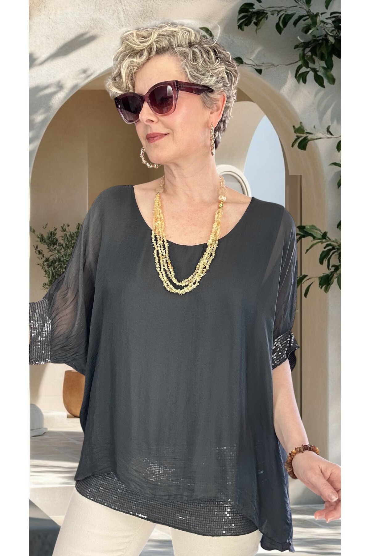 Notte İthal Pul Payetli İpek Bluz Antrasit