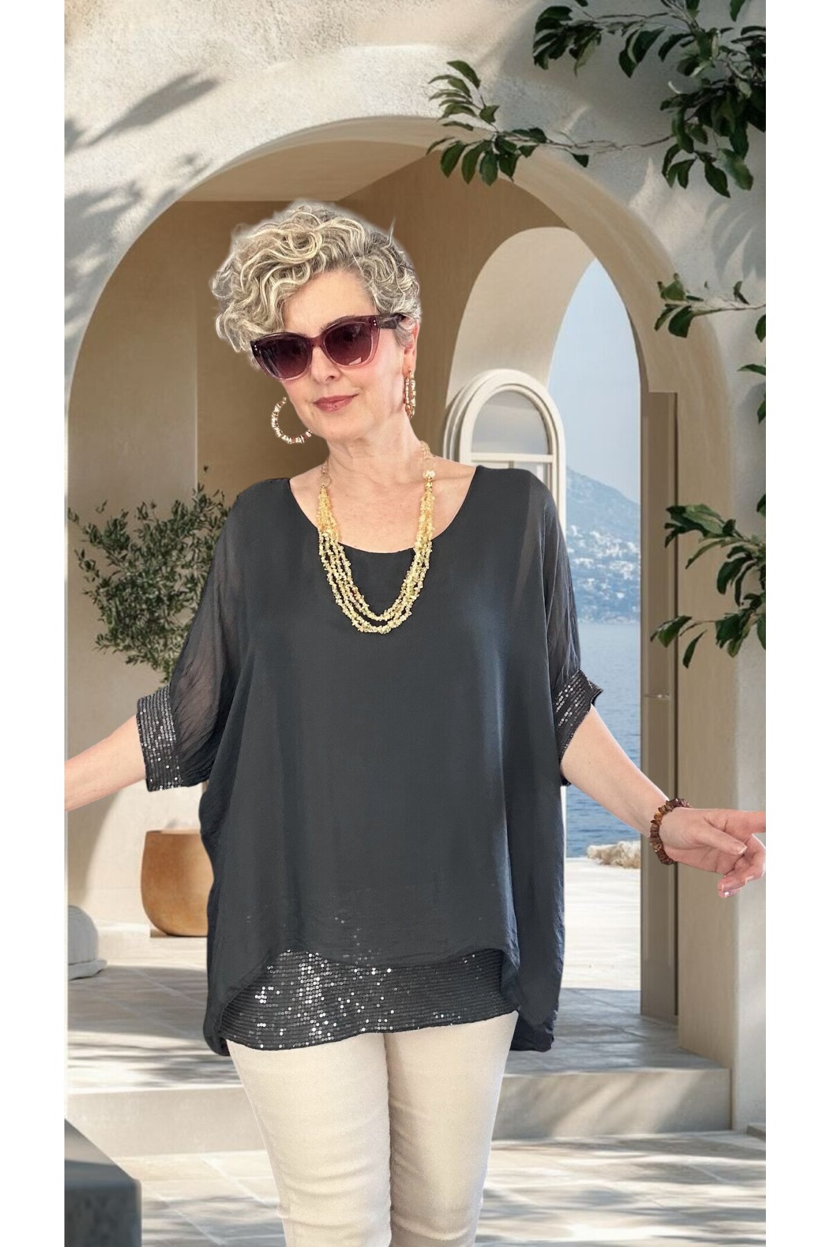 Notte İthal Pul Payetli İpek Bluz Antrasit