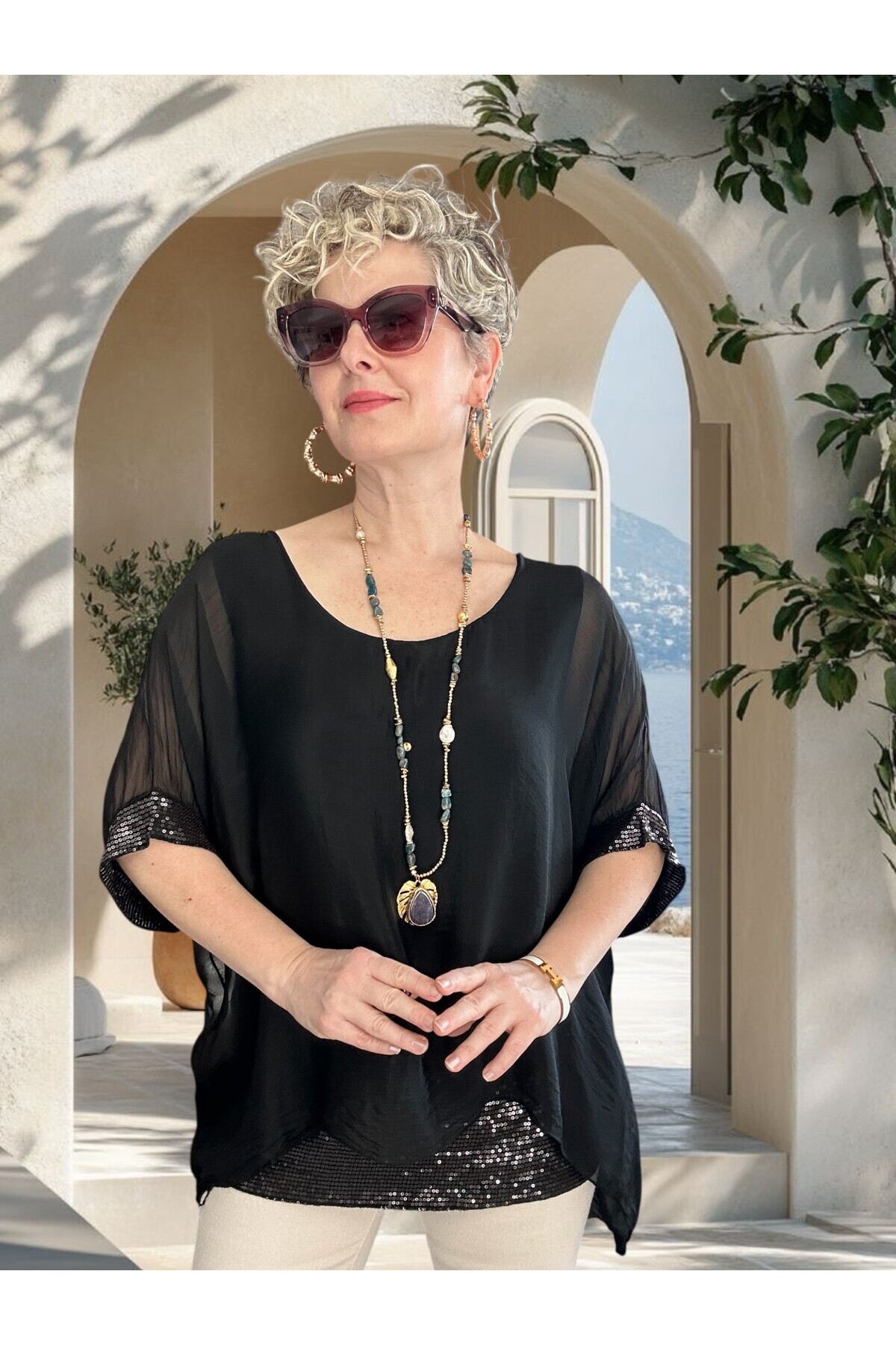 Notte İthal Pul Payetli İpek Bluz Siyah