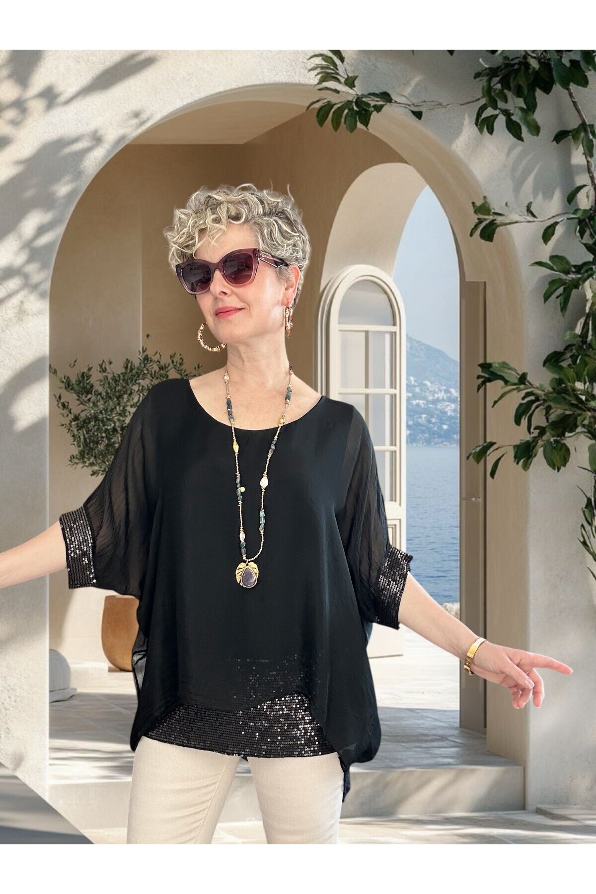 Notte İthal Pul Payetli İpek Bluz Siyah