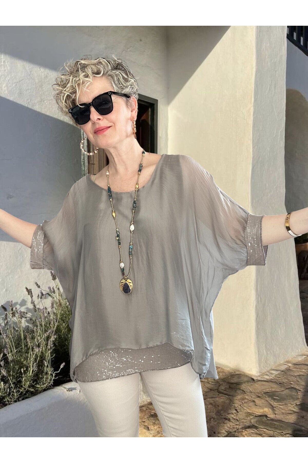 Notte İthal Pul Payetli İpek Bluz Vizon