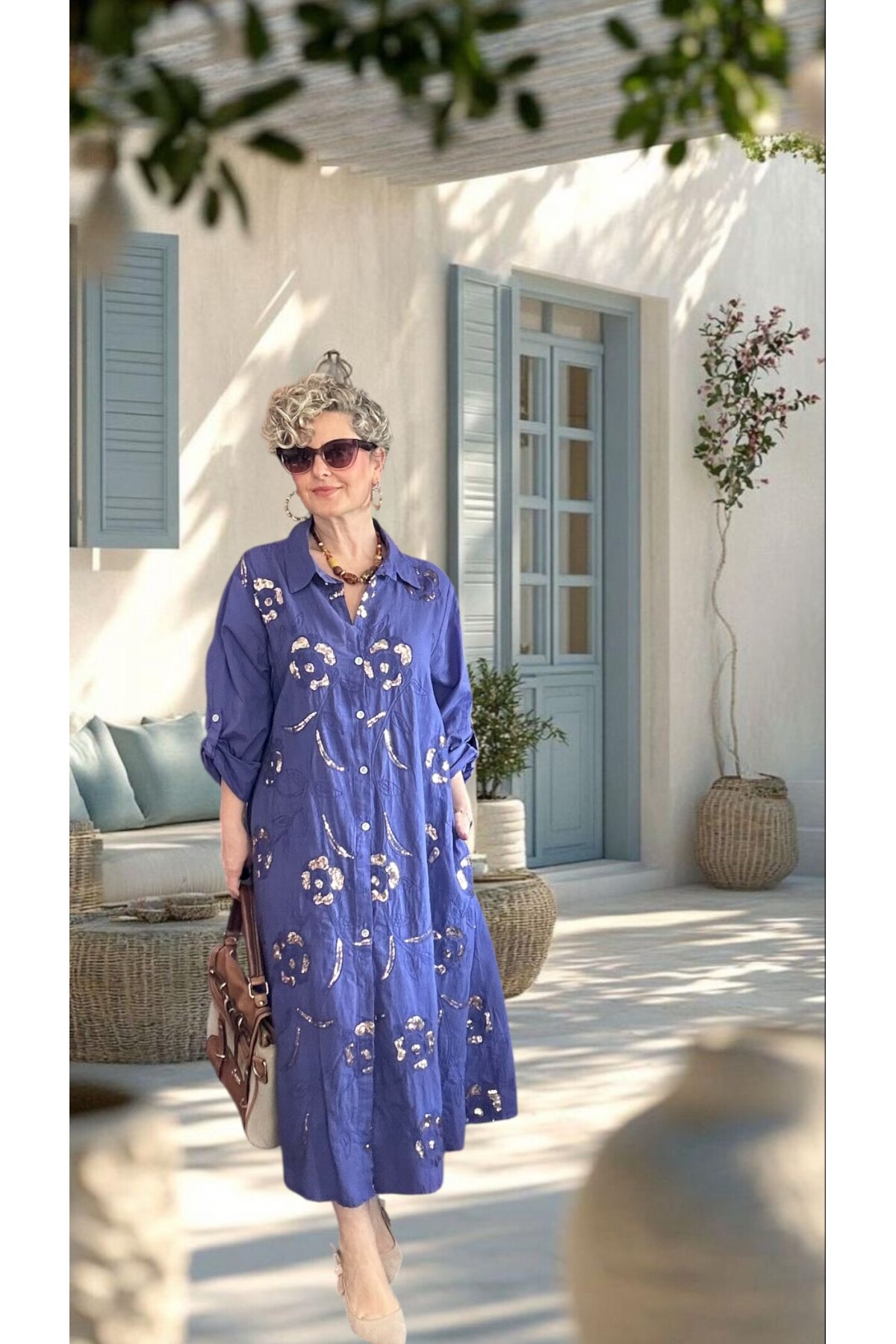 Orro İtalyan Nakışlı Payet Detaylı Gömlek Elbise Kap Viola