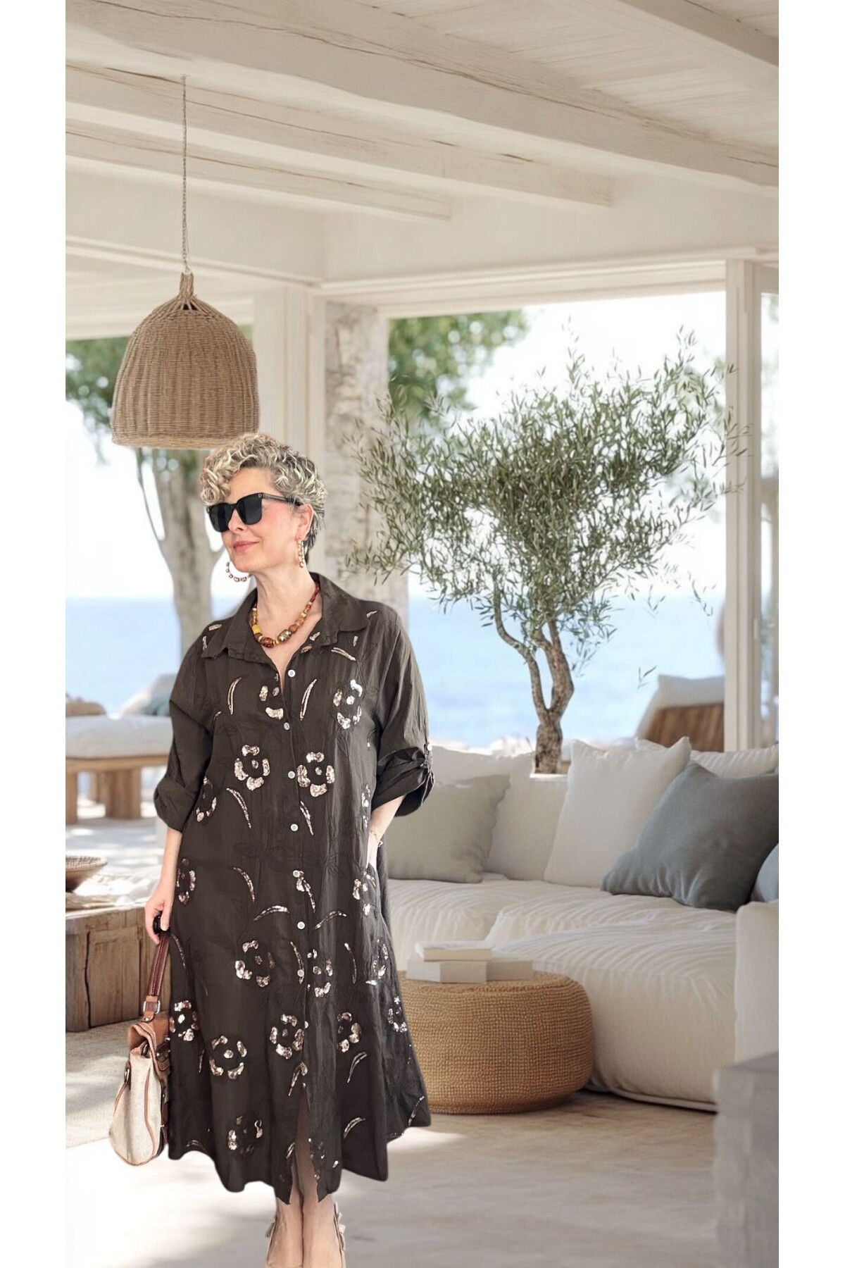 Orro İtalyan Nakışlı Payet Detaylı Gömlek Elbise Kap Kahve