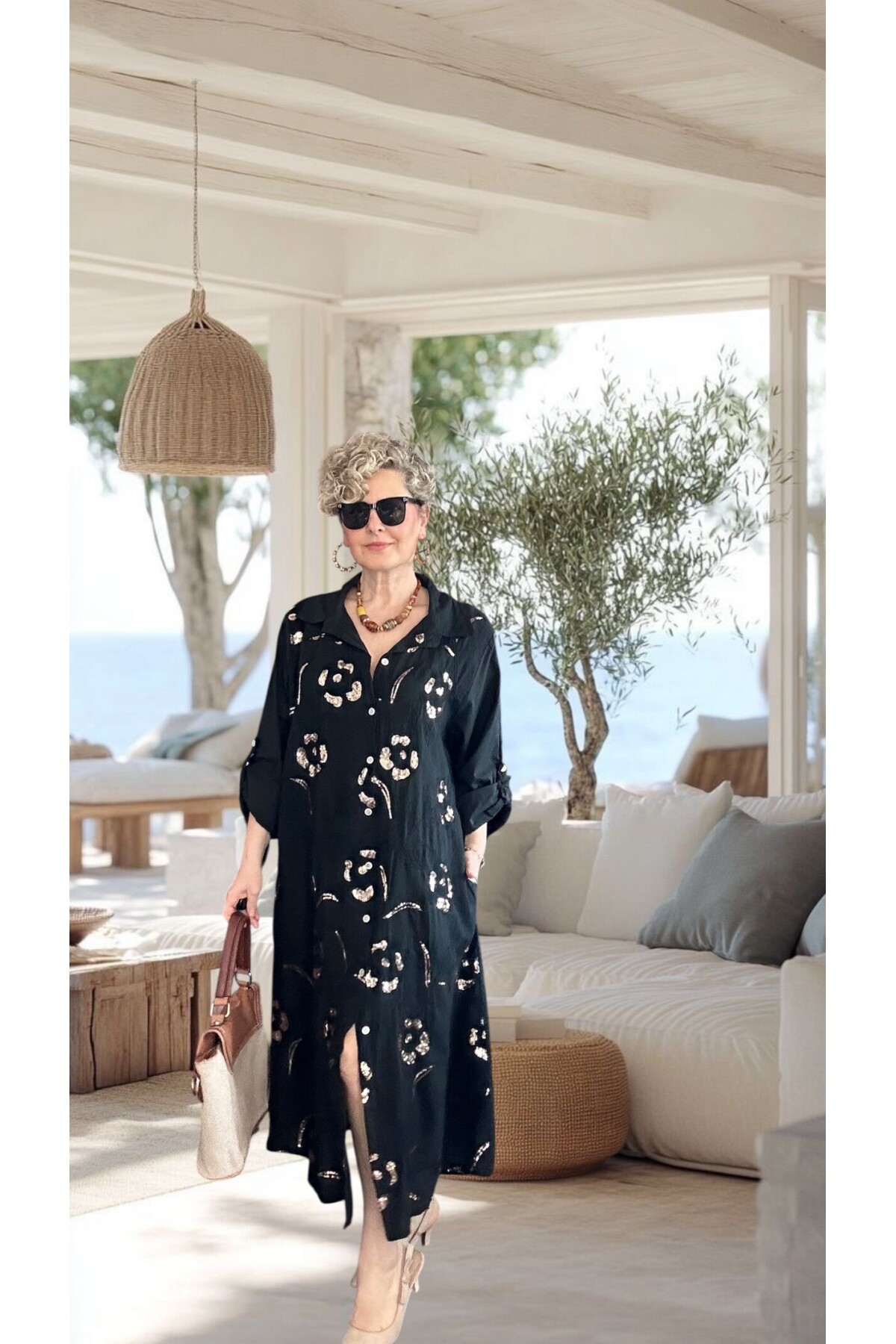 Orro İtalyan Nakışlı Payet Detaylı Gömlek Elbise Kap Siyah