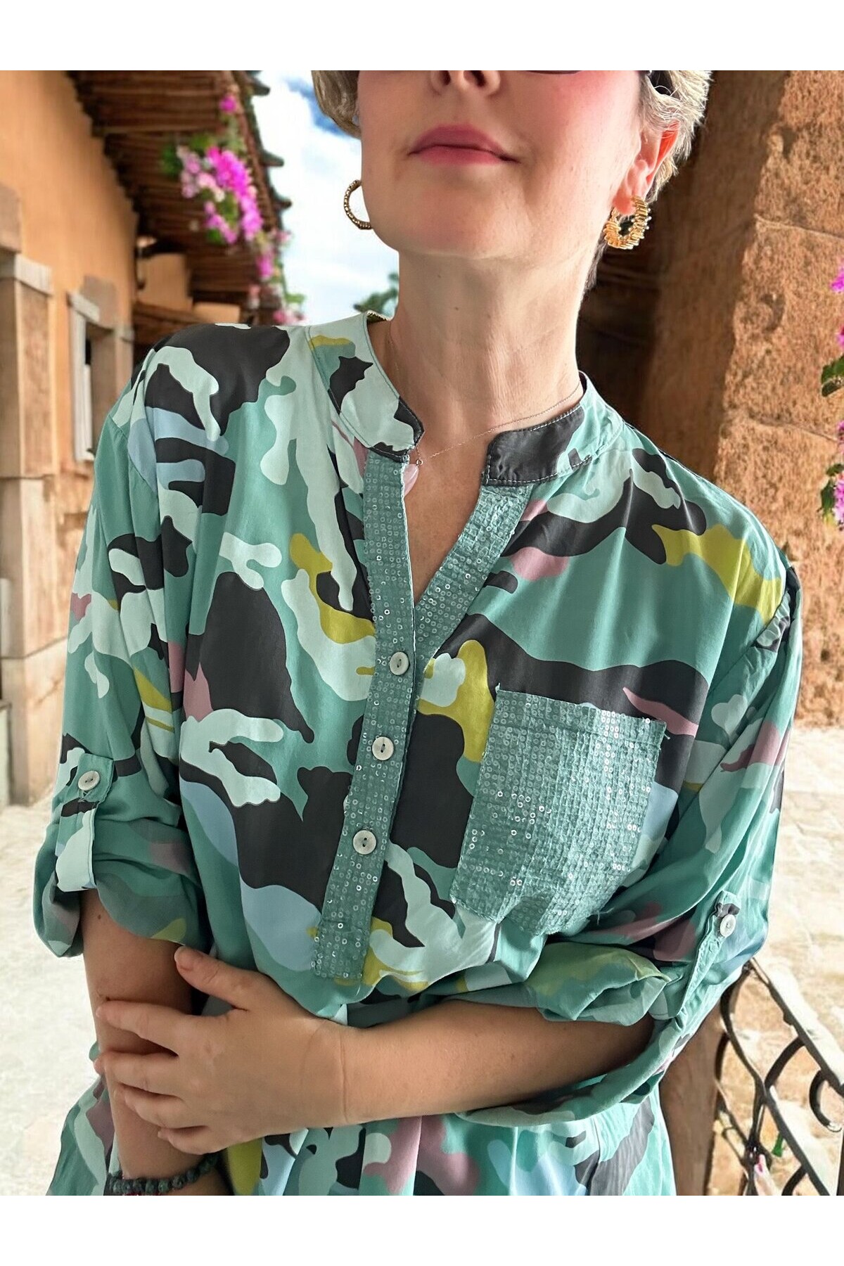 Panino İthal Kamuflaj Desen Gömlek Mint