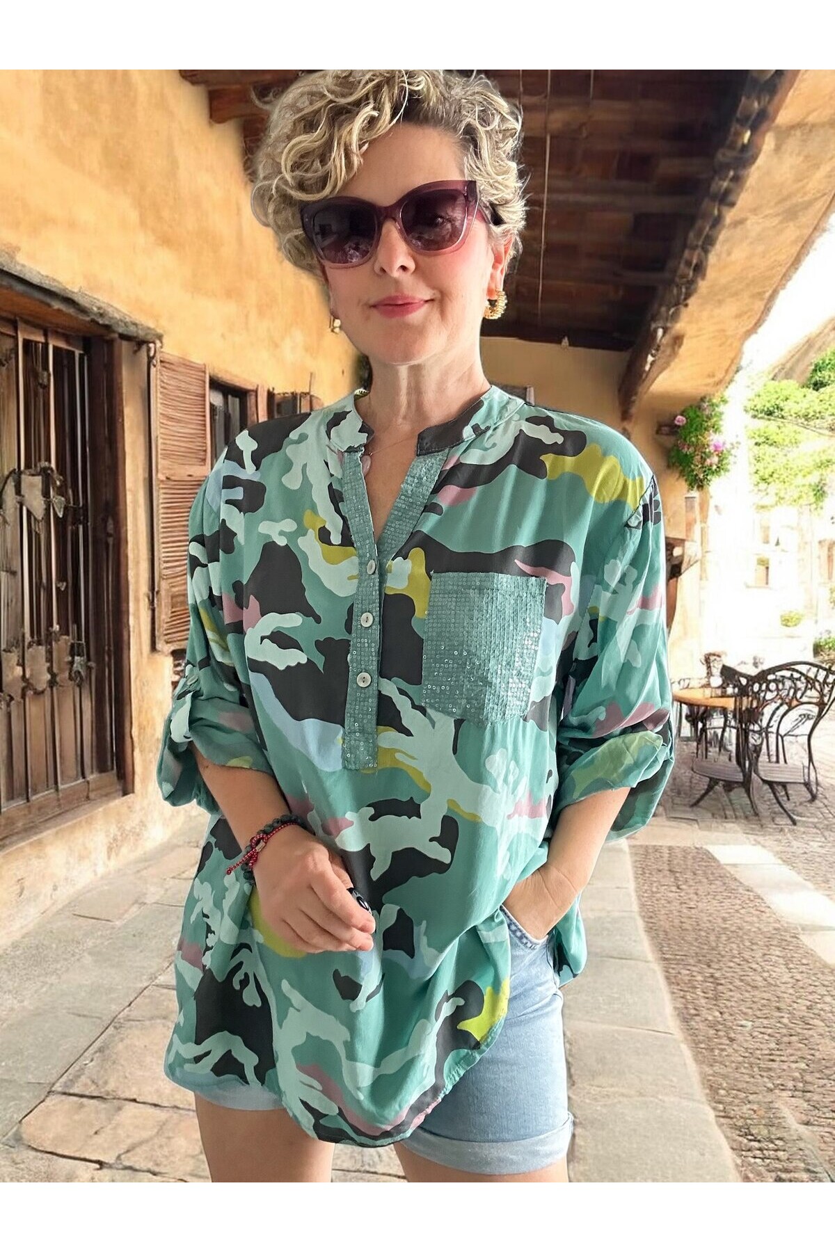 Panino İthal Kamuflaj Desen Gömlek Mint