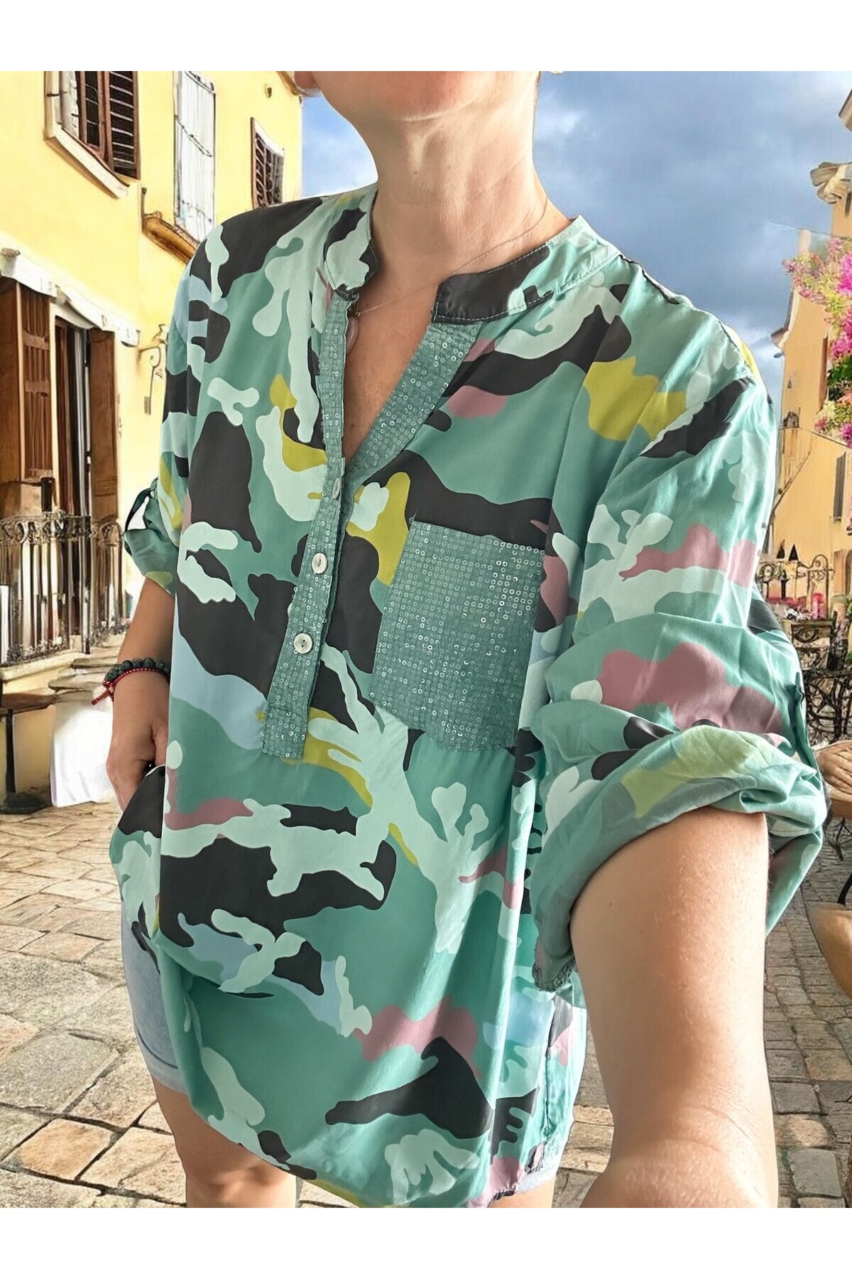 Panino İthal Kamuflaj Desen Gömlek Mint
