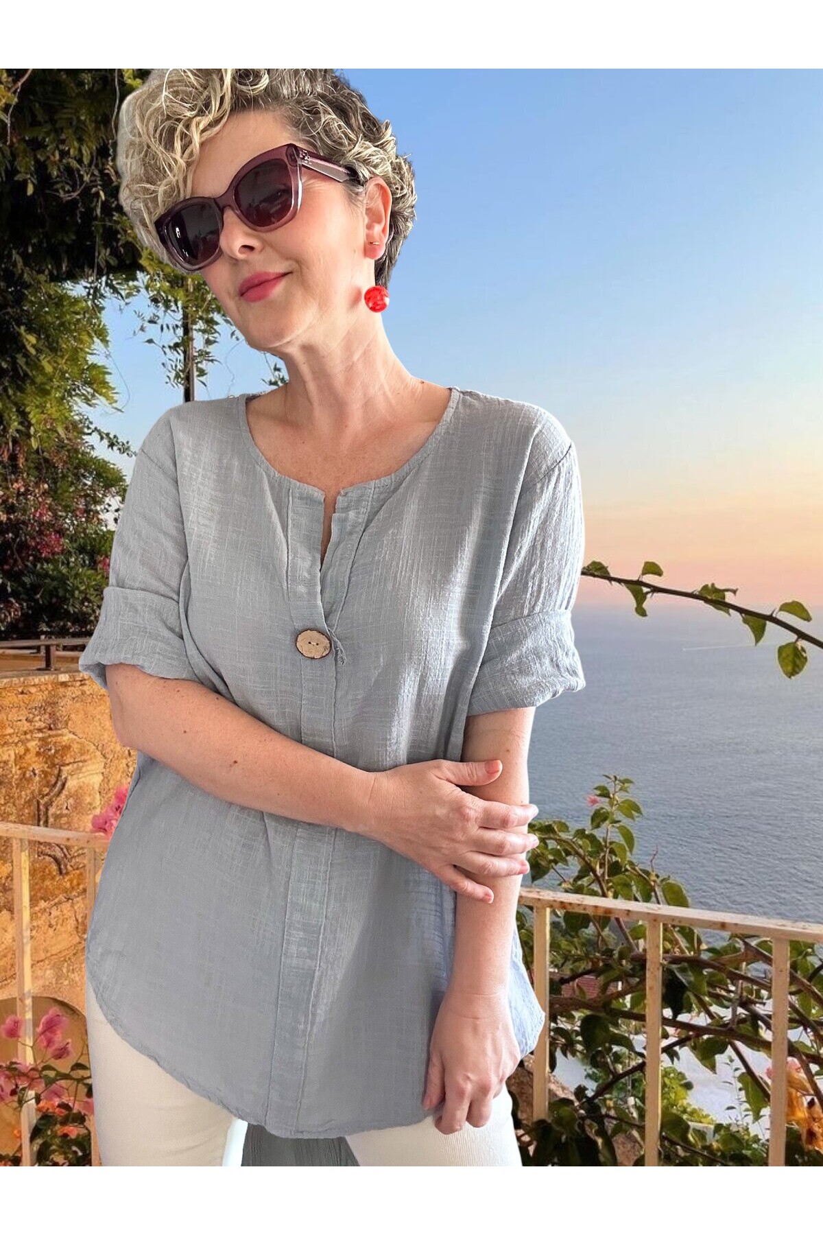 Peppino İtalyan Tahta Düğme Detay Bluz Açık Gri