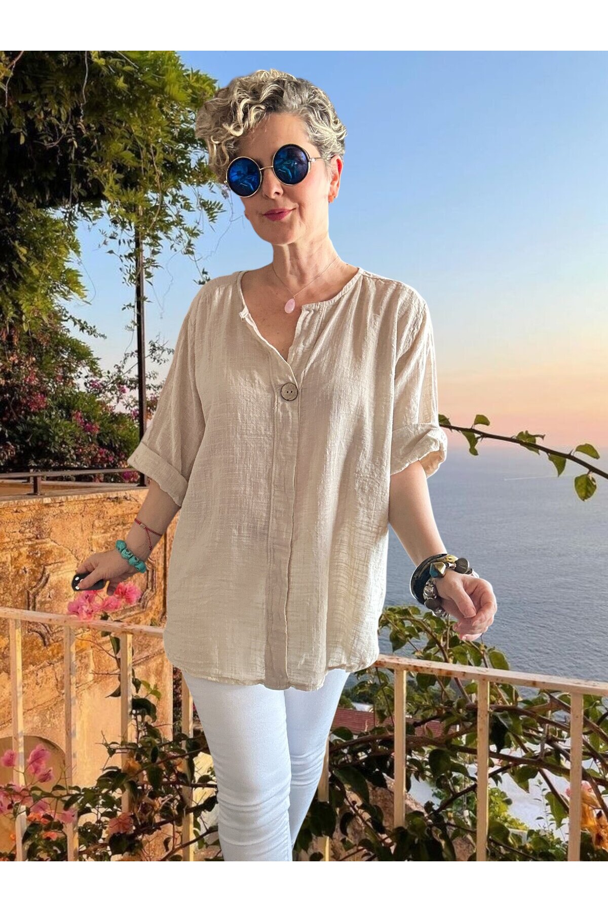 Peppino İtalyan Tahta Düğme Detay Bluz Bej