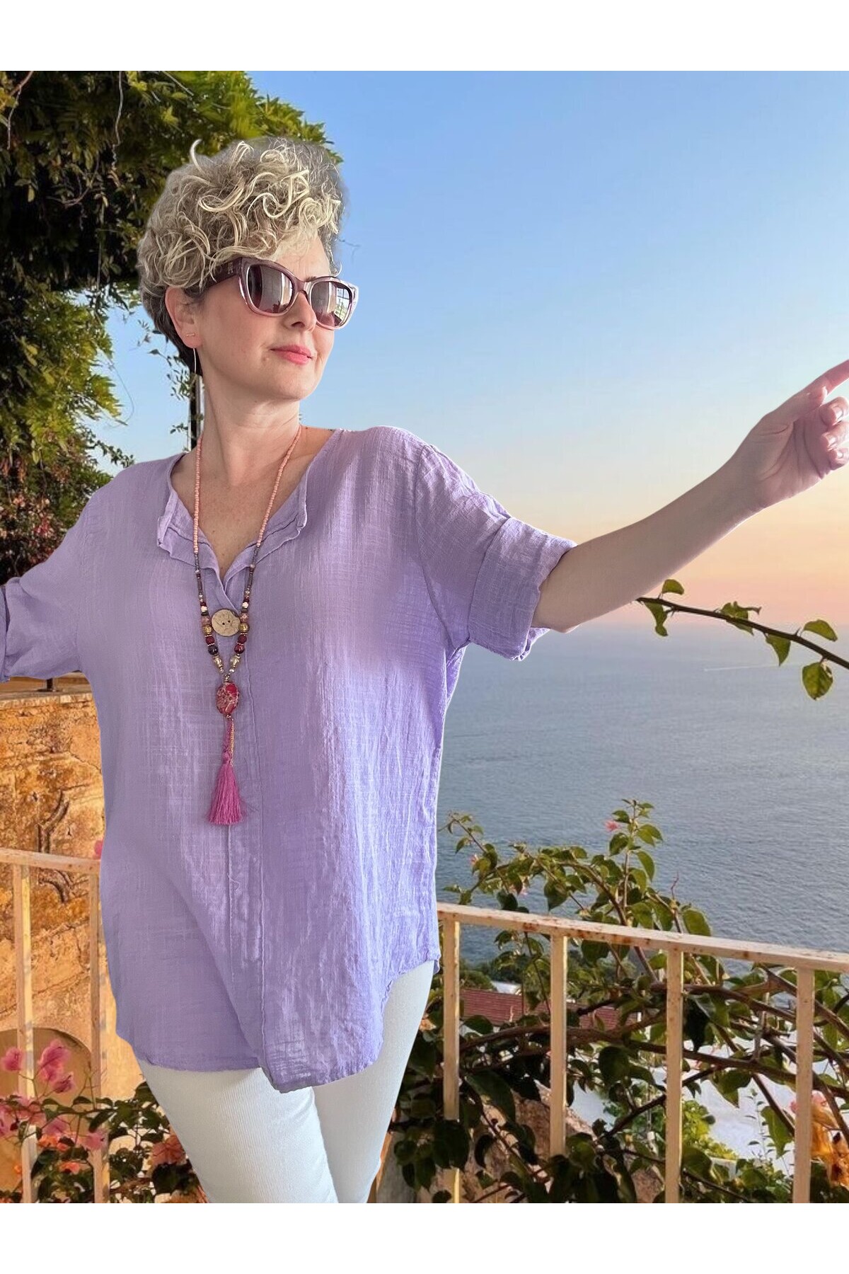 Peppino İtalyan Tahta Düğme Detay Bluz Eflatun