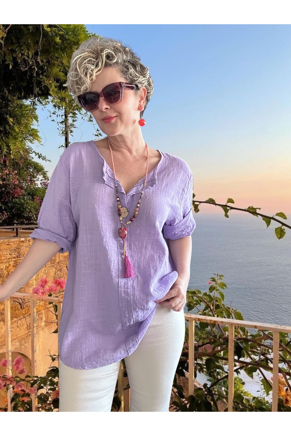 Peppino İtalyan Tahta Düğme Detay Bluz Eflatun