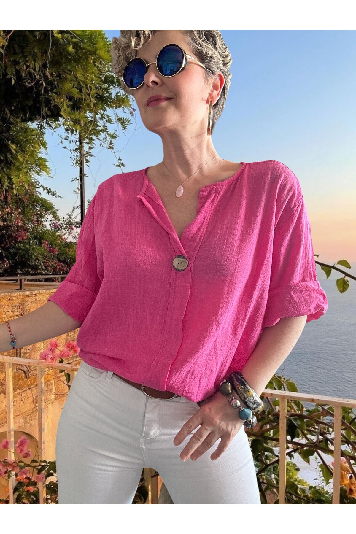 Peppino İtalyan Tahta Düğme Detay Bluz Fuşya