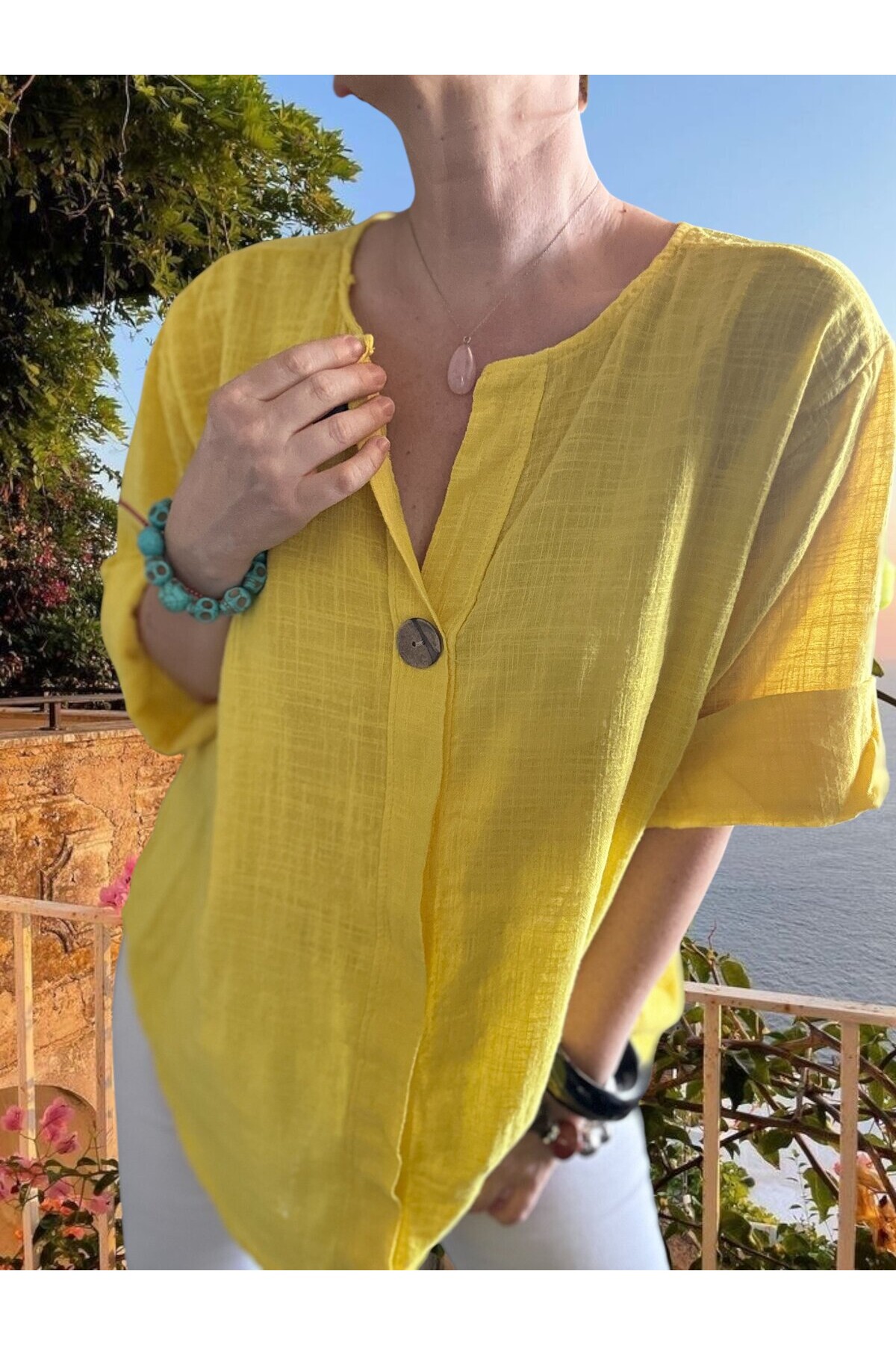 Peppino İtalyan Tahta Düğme Detay Bluz Sarı