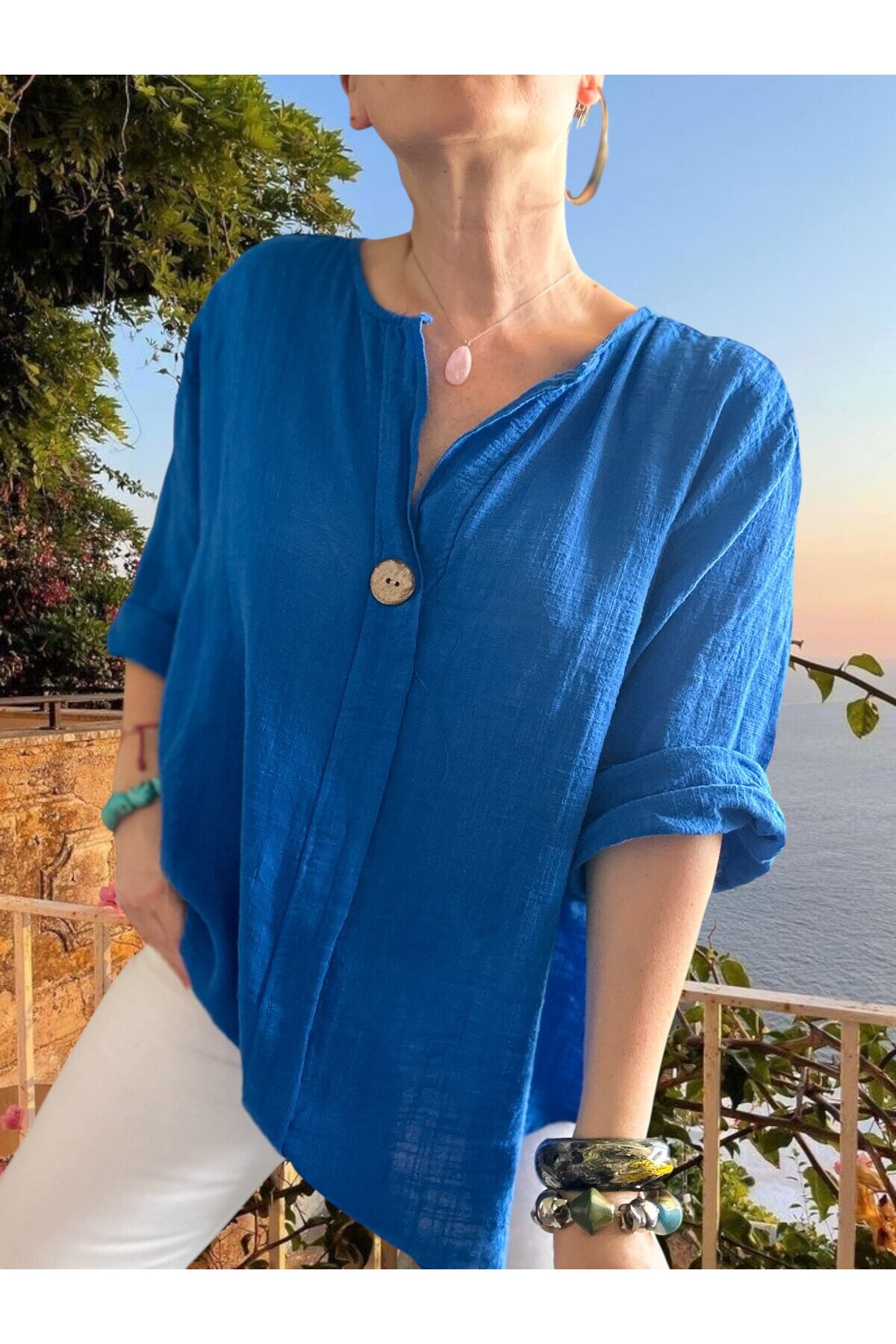 Peppino İtalyan Tahta Düğme Detay Bluz Sax