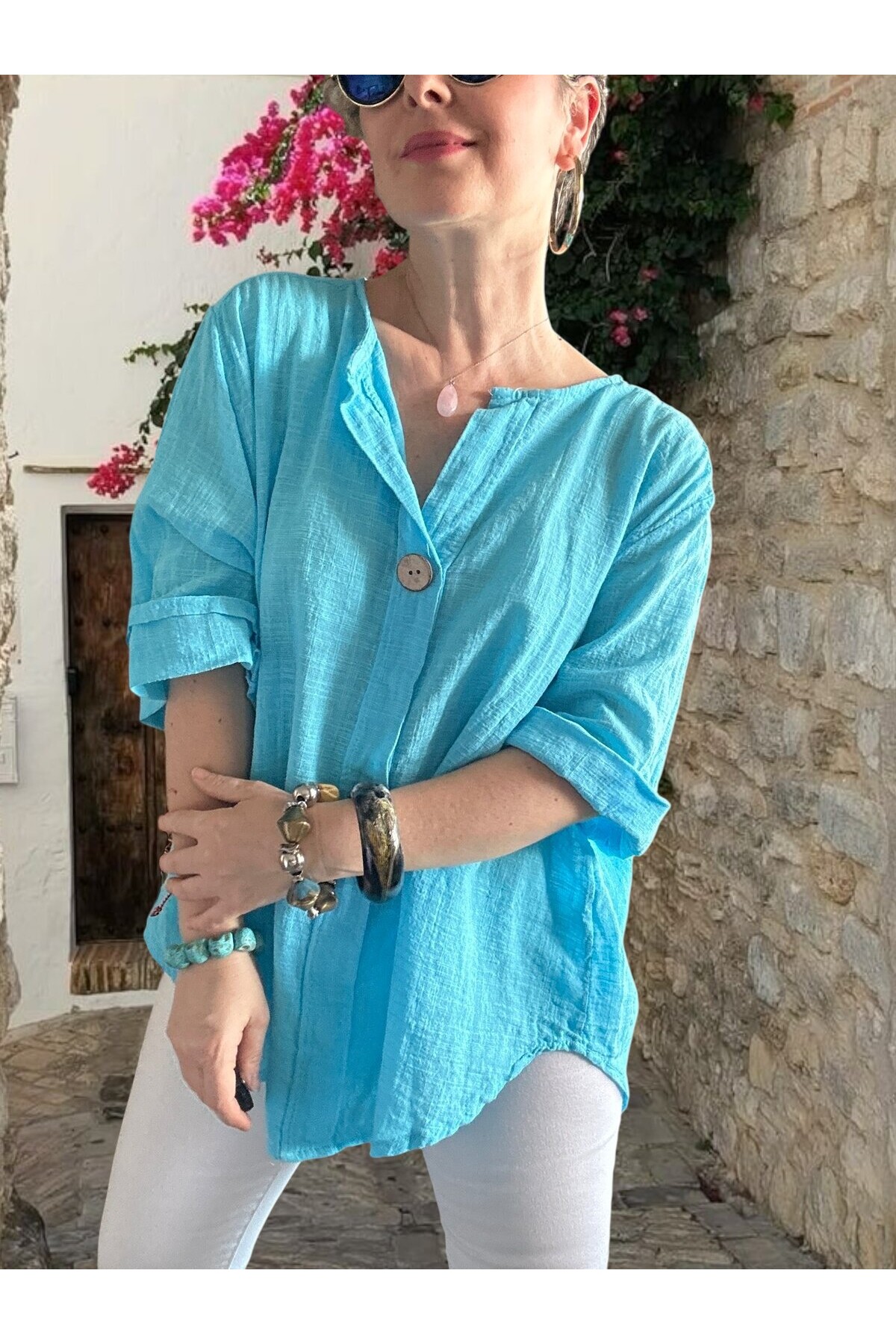 Peppino İtalyan Tahta Düğme Detay Bluz Turkuaz