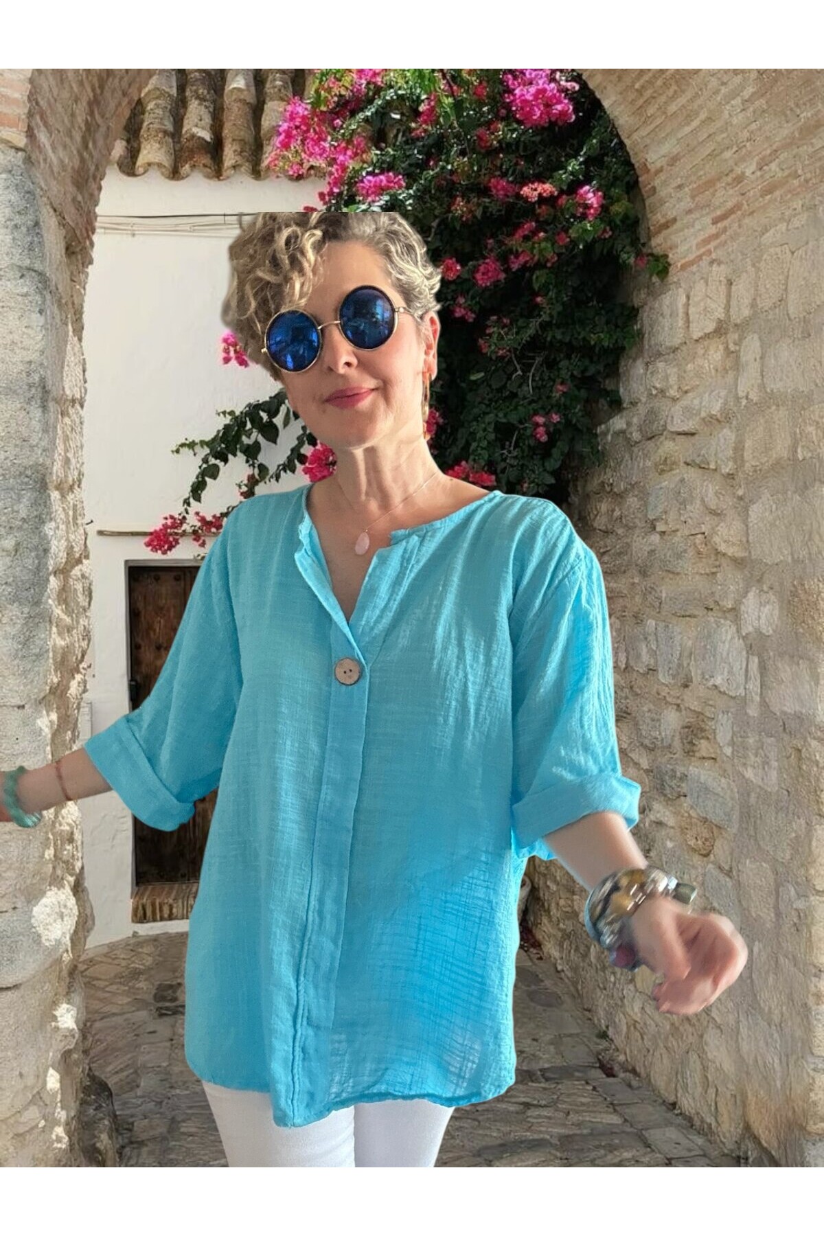 Peppino İtalyan Tahta Düğme Detay Bluz Turkuaz