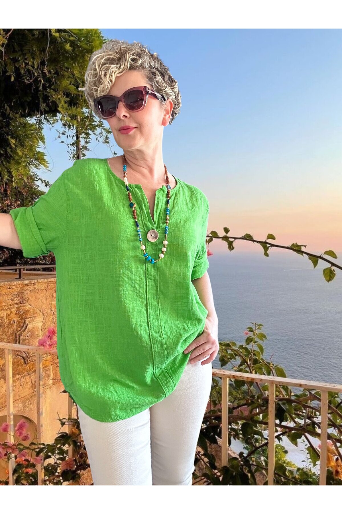 Peppino İtalyan Tahta Düğme Detay Bluz Yeşil