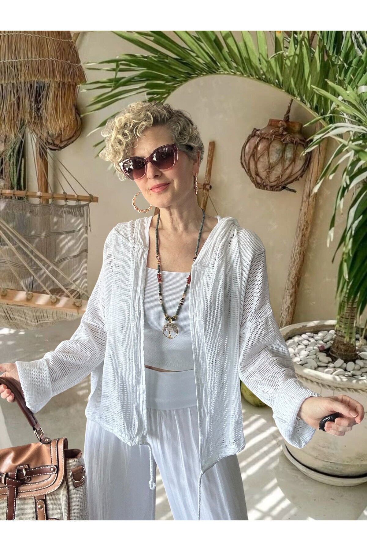 Pirlo İtalyan Pul Detaylı Kapüşonlu File Ceket Beyaz