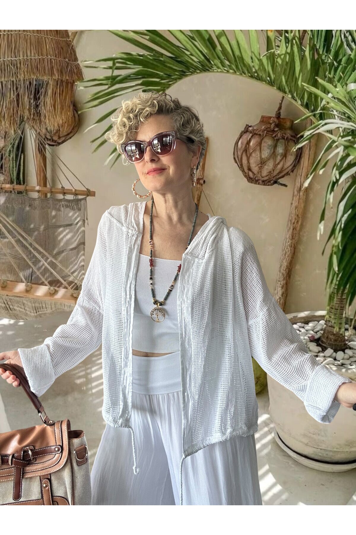 Pirlo İtalyan Pul Detaylı Kapüşonlu File Ceket Beyaz