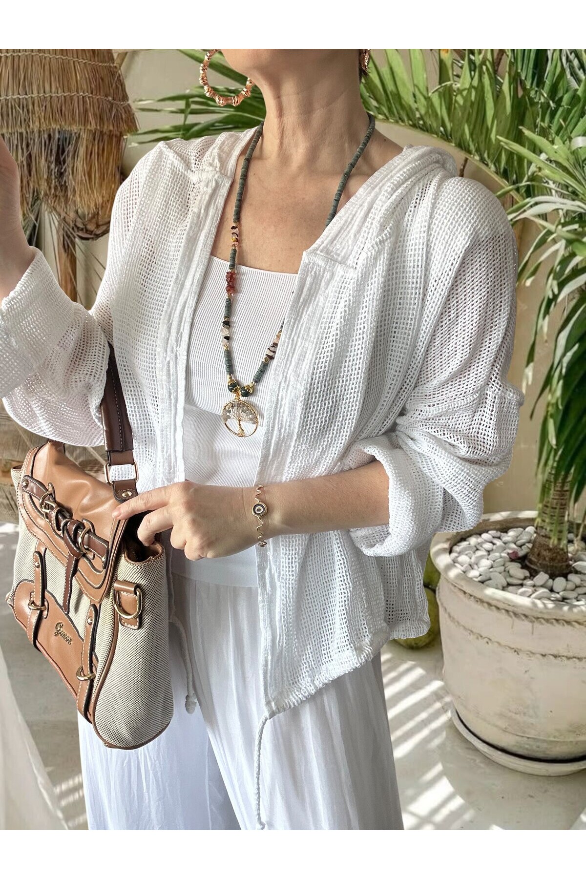 Pirlo İtalyan Pul Detaylı Kapüşonlu File Ceket Beyaz