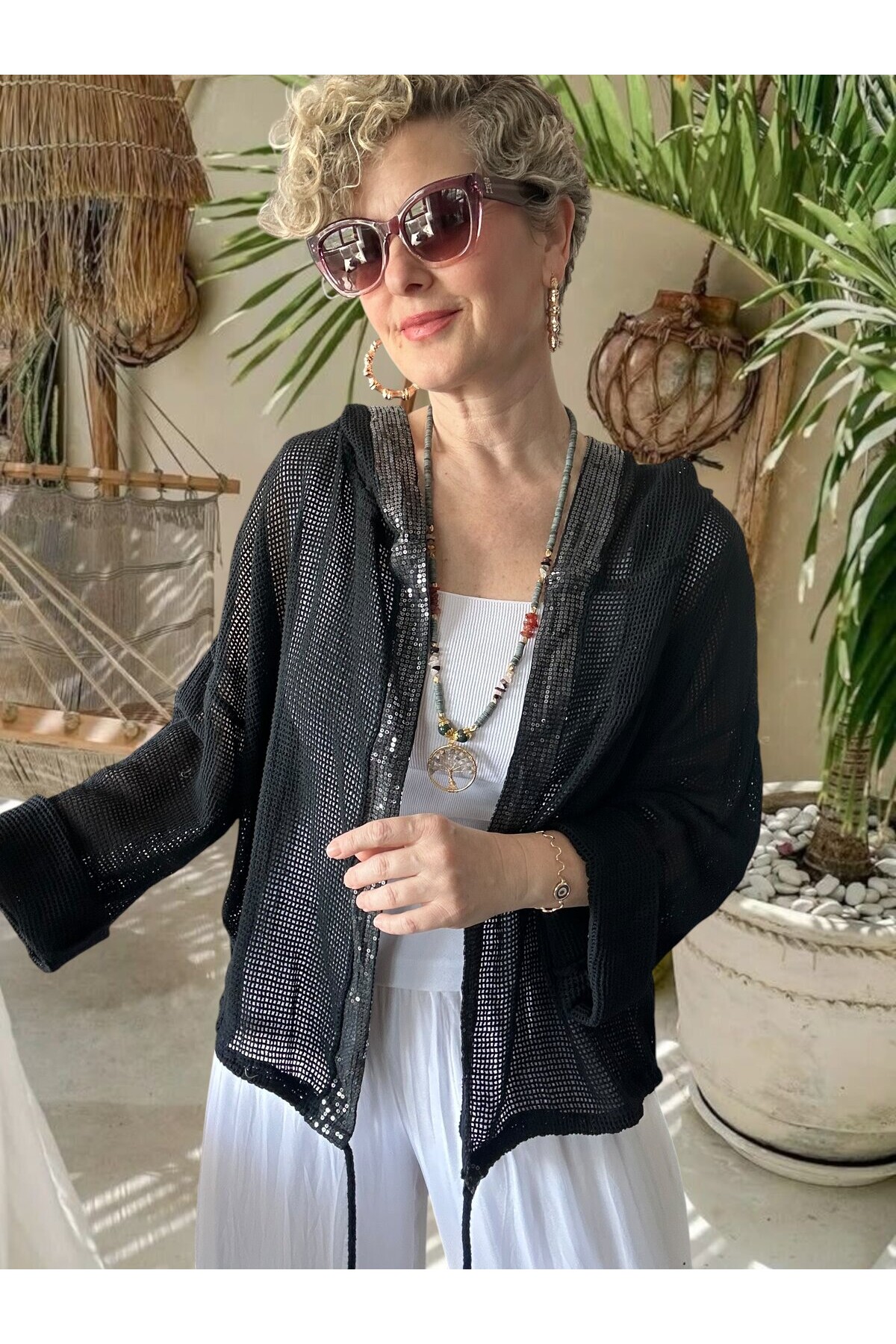 Pirlo İtalyan Pul Detaylı Kapüşonlu File Ceket Siyah