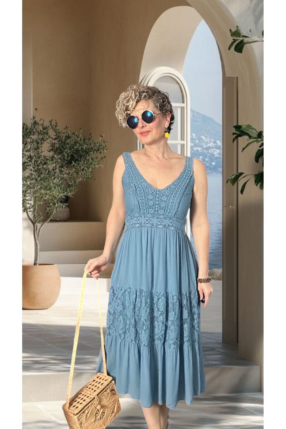 Pizzo İtalyan Brode İşlemeli Elbise İndigo