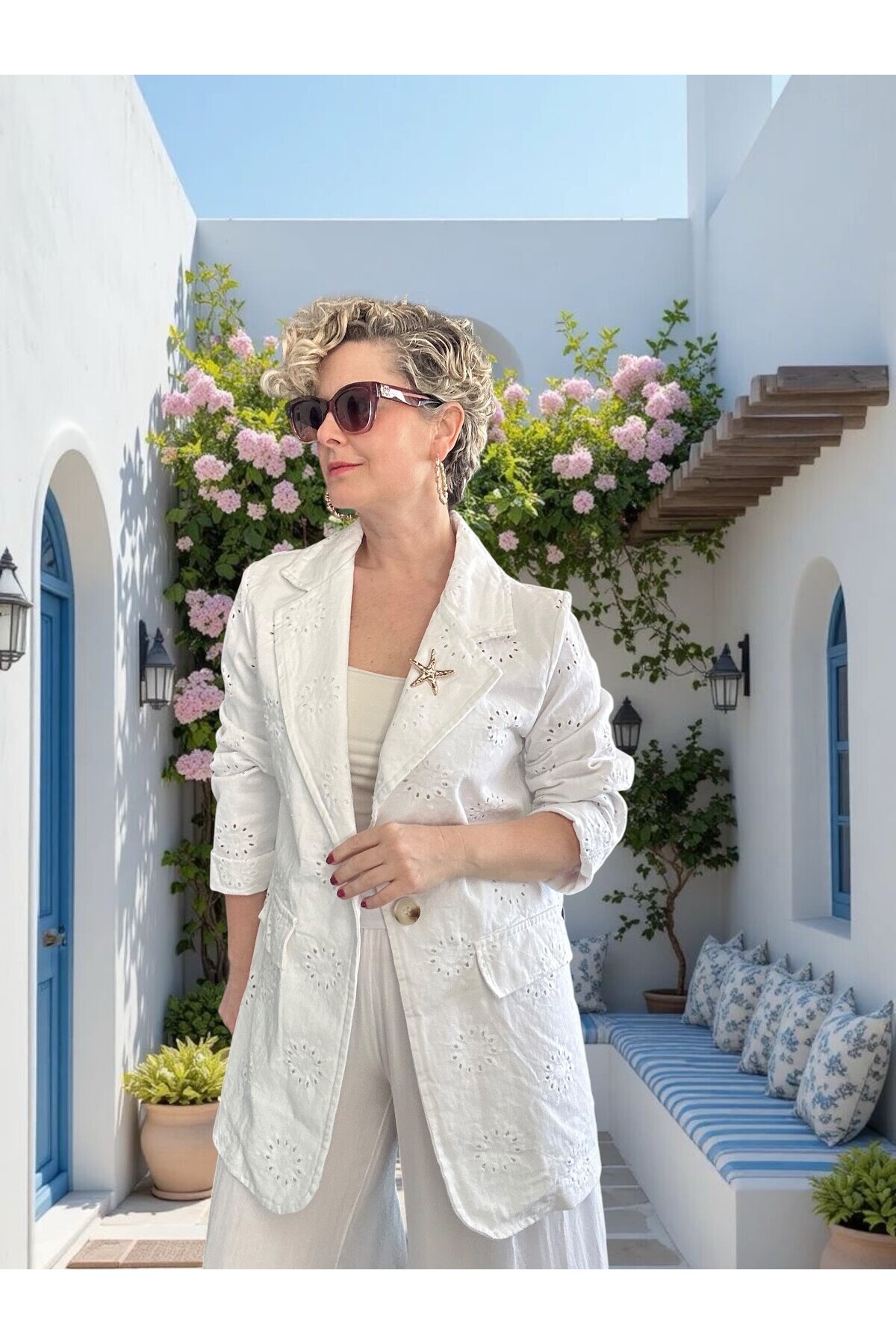 Primma | Fisto Nakışlı & Yıldız Broşlu Pamuk Blazer Beyaz