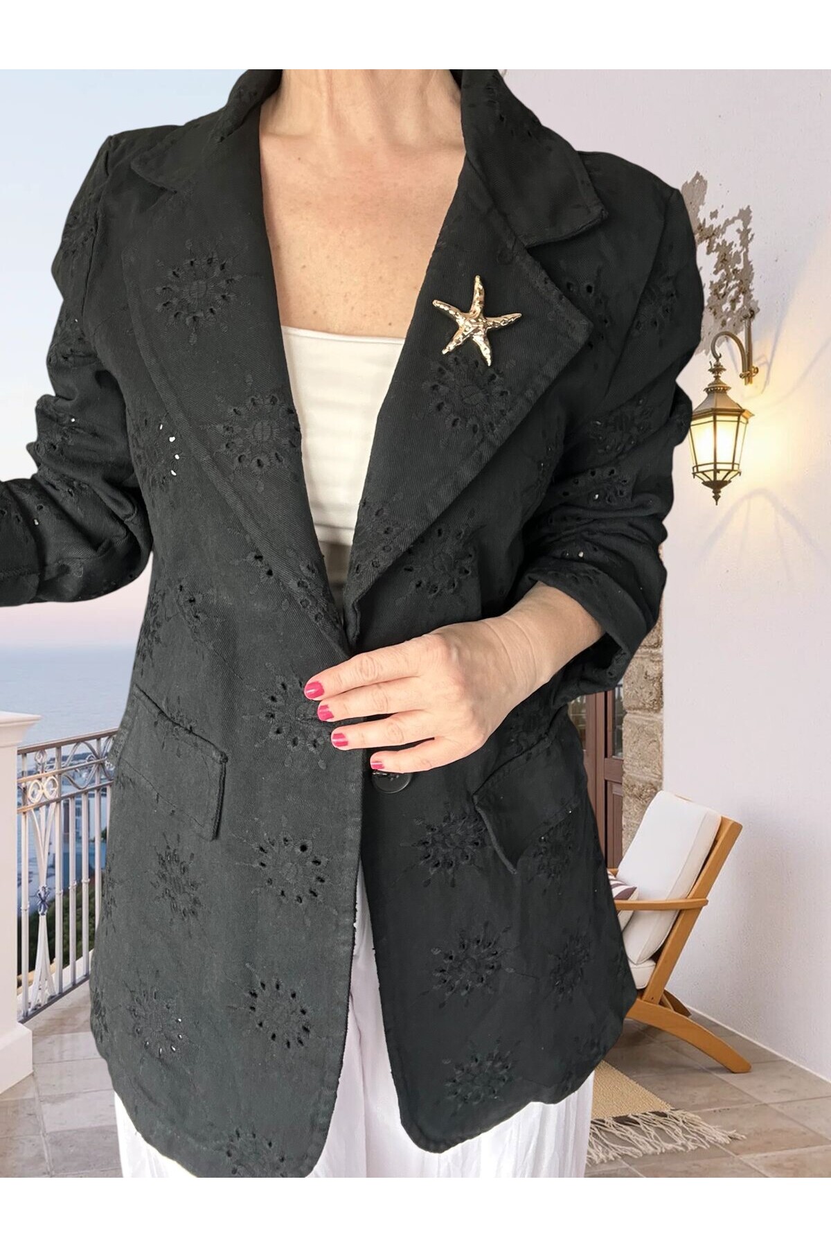 Primma | Fisto Nakışlı & Yıldız Broşlu Pamuk Blazer Siyah
