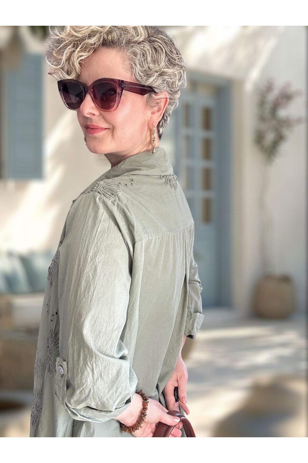 Pucca İtalyan Çiçek Detaylı Gömlek  Elbise Kap Haki Yeşil