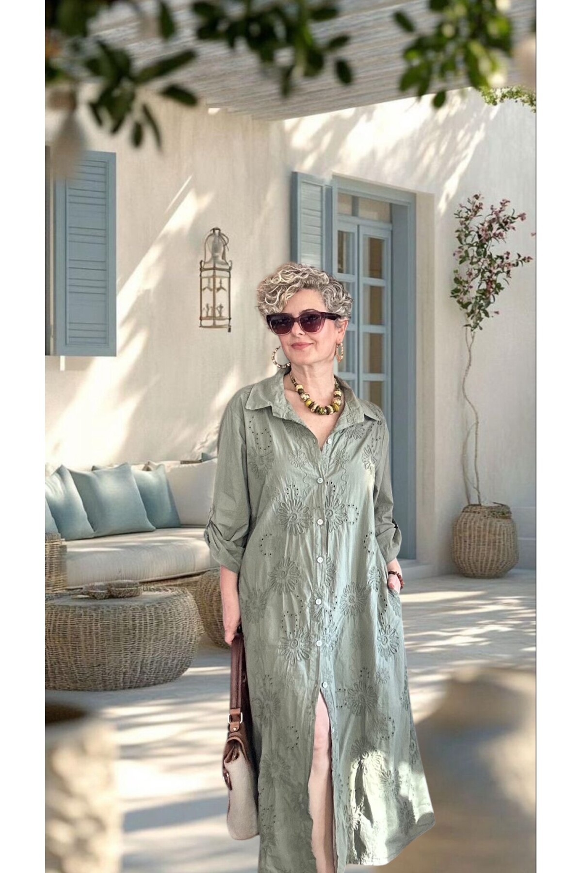 Pucca İtalyan Çiçek Detaylı Gömlek  Elbise Kap Haki Yeşil