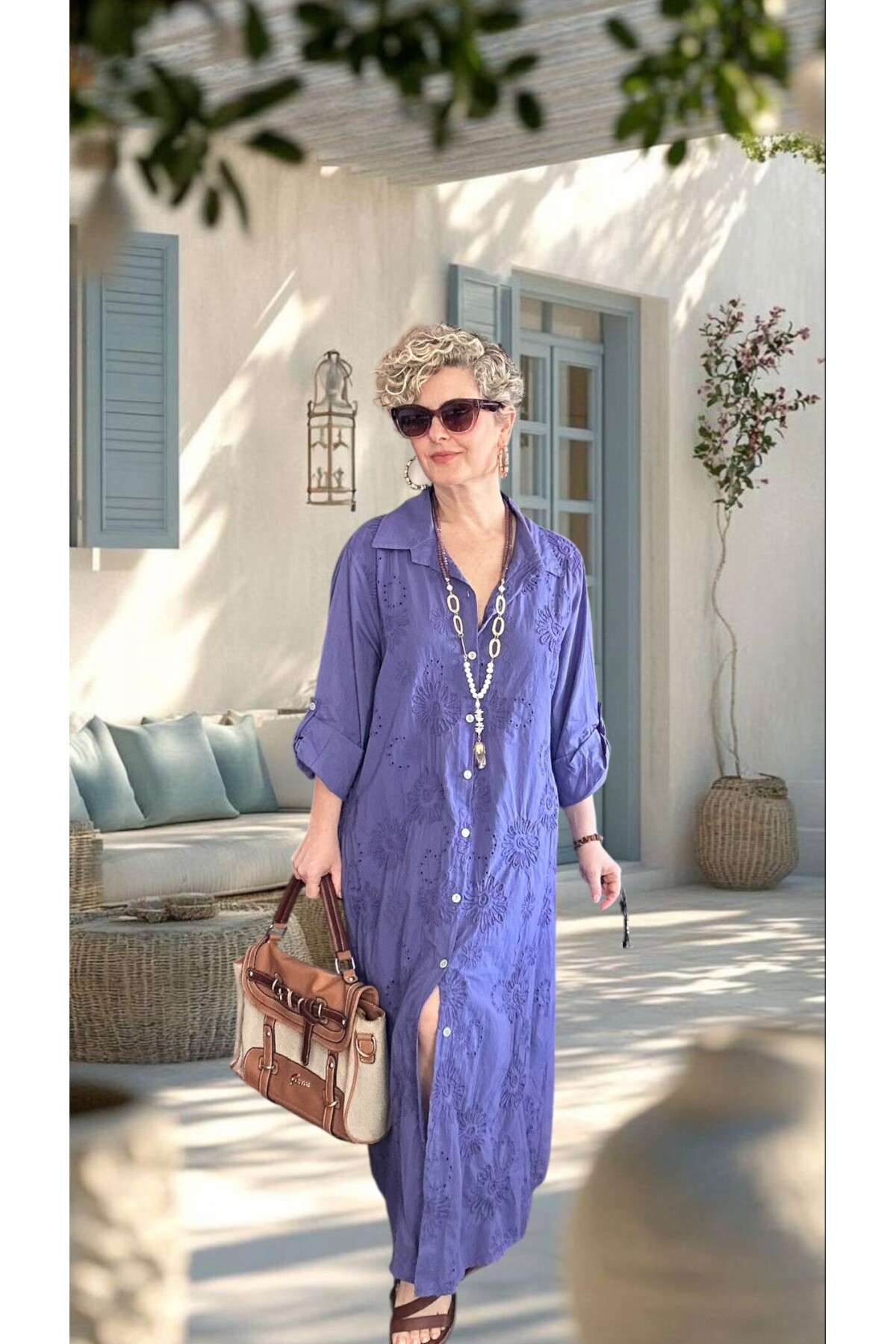 Pucca İtalyan Çiçek Detaylı Gömlek  Elbise Kap Mor