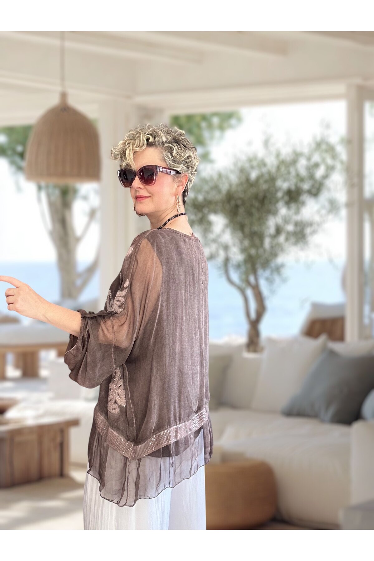 Purro İpek & Vizkoz Karışımlı Payet İşlemeli Bluz Kahve