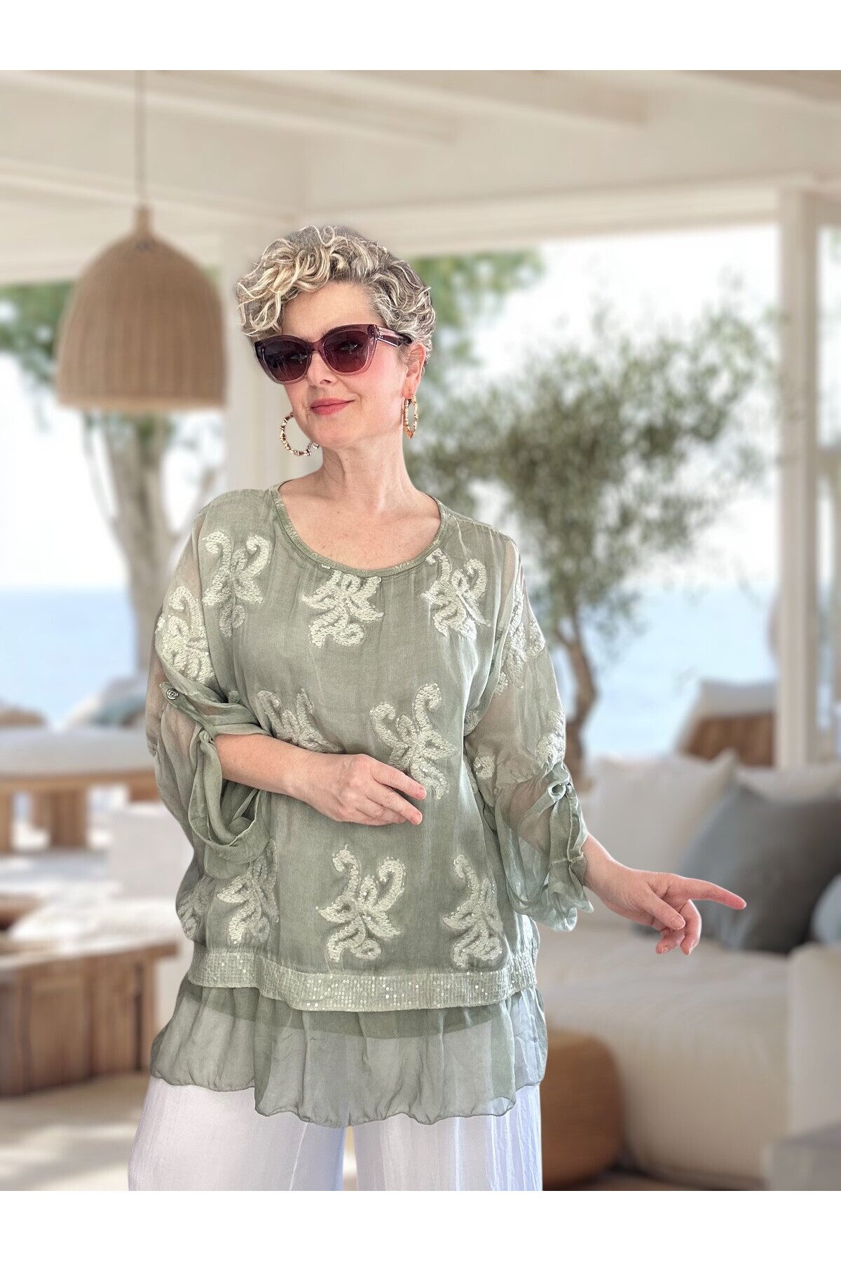 Purro İpek & Vizkoz Karışımlı Payet İşlemeli Bluz Su Yeşil