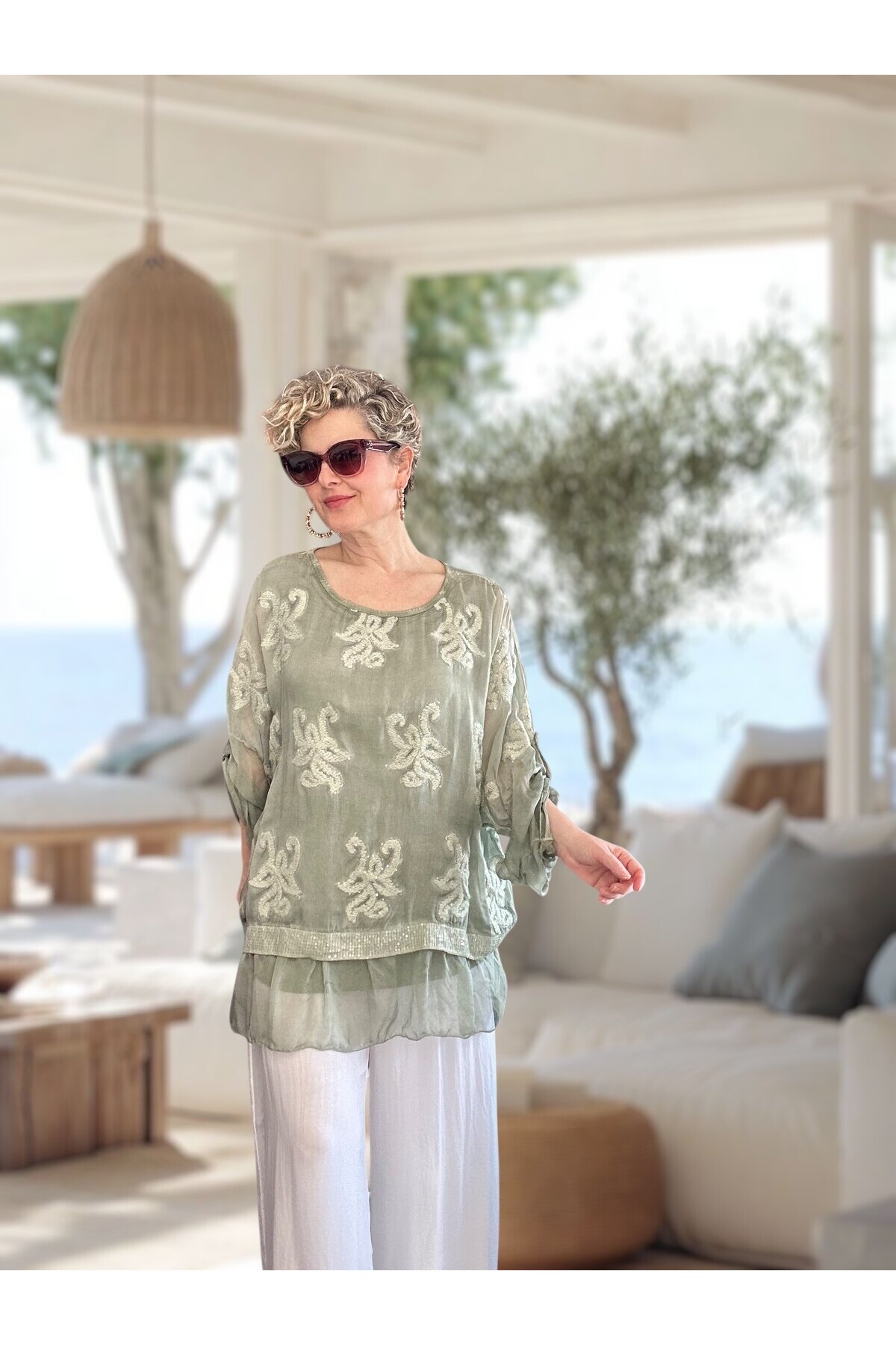 Purro İpek & Vizkoz Karışımlı Payet İşlemeli Bluz Su Yeşil
