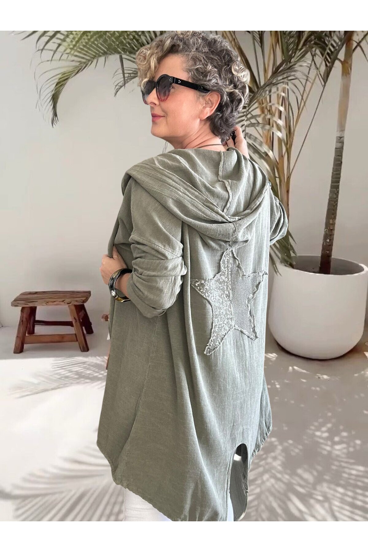 Que Tasarım Arka Star Pul Detay Kapşon Ceket Haki