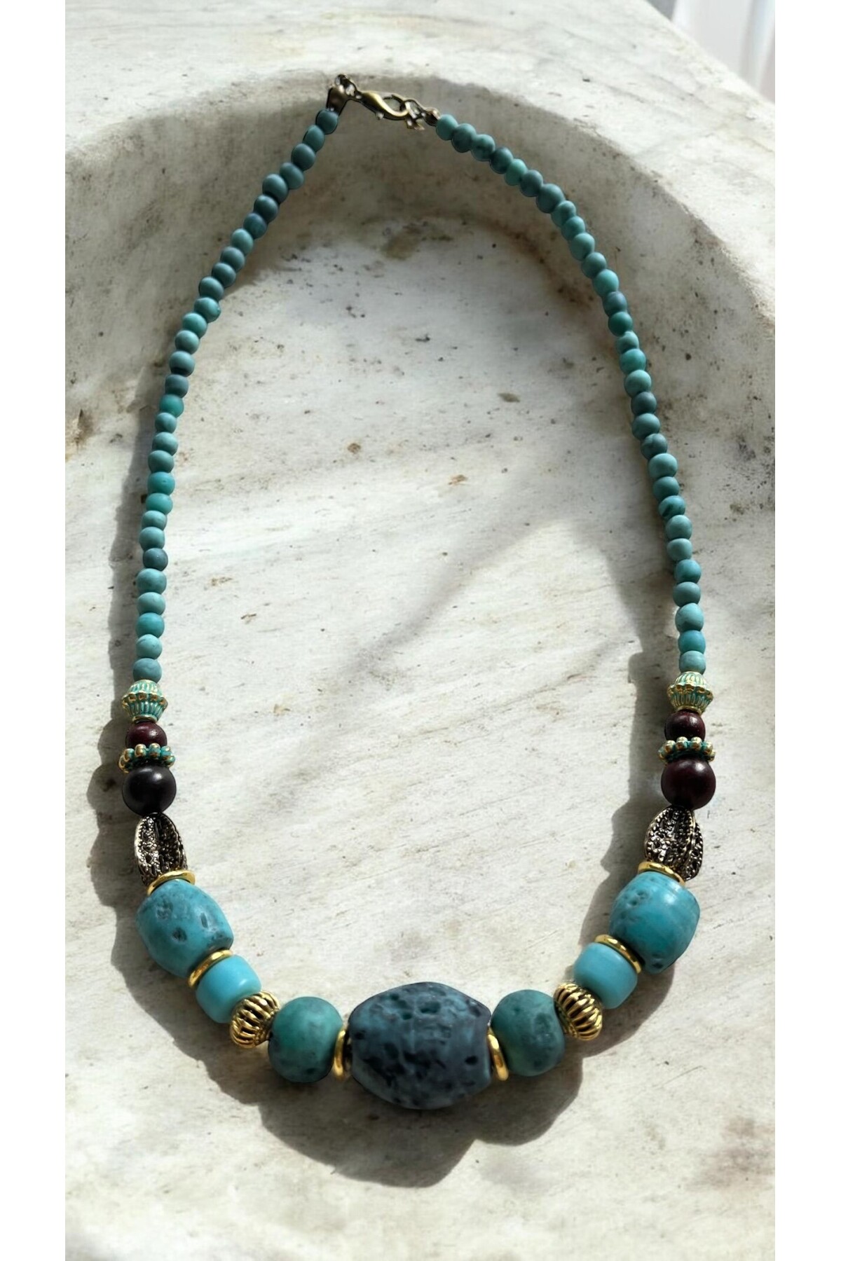 Ragis Pirinç Cam Etnik Kolye Turkuaz