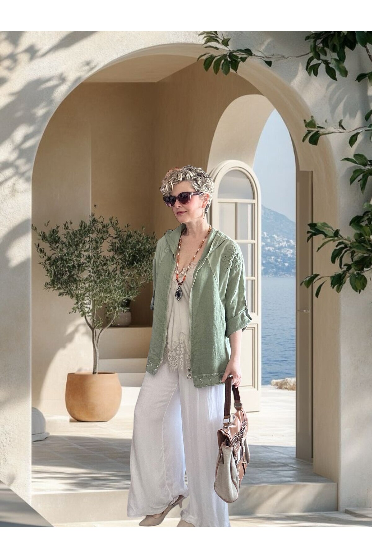 Ratta Fisto İşlemeli Payet Detaylı Truvakar Kol Keten Ceket Haki