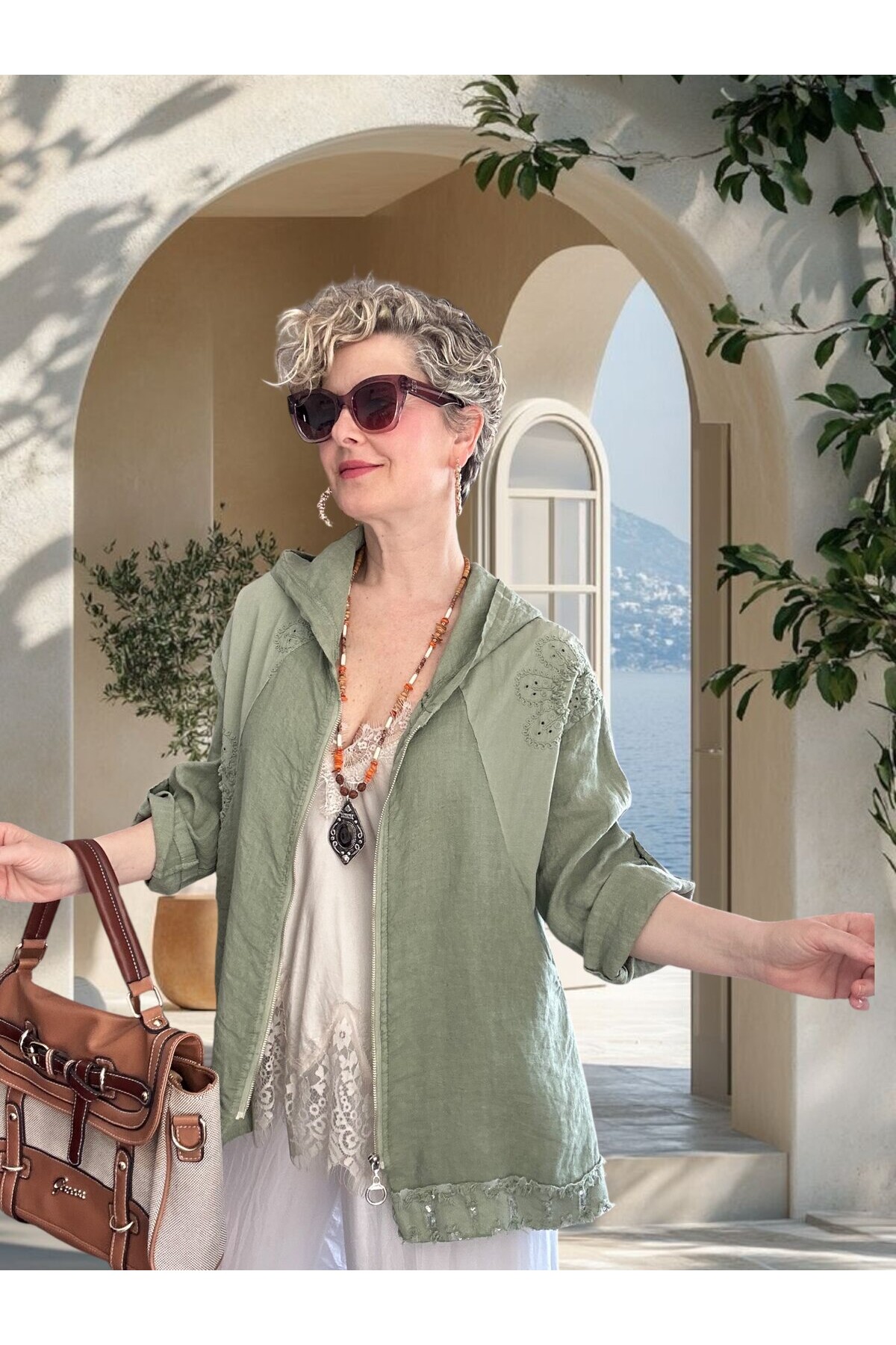 Ratta Fisto İşlemeli Payet Detaylı Truvakar Kol Keten Ceket Haki