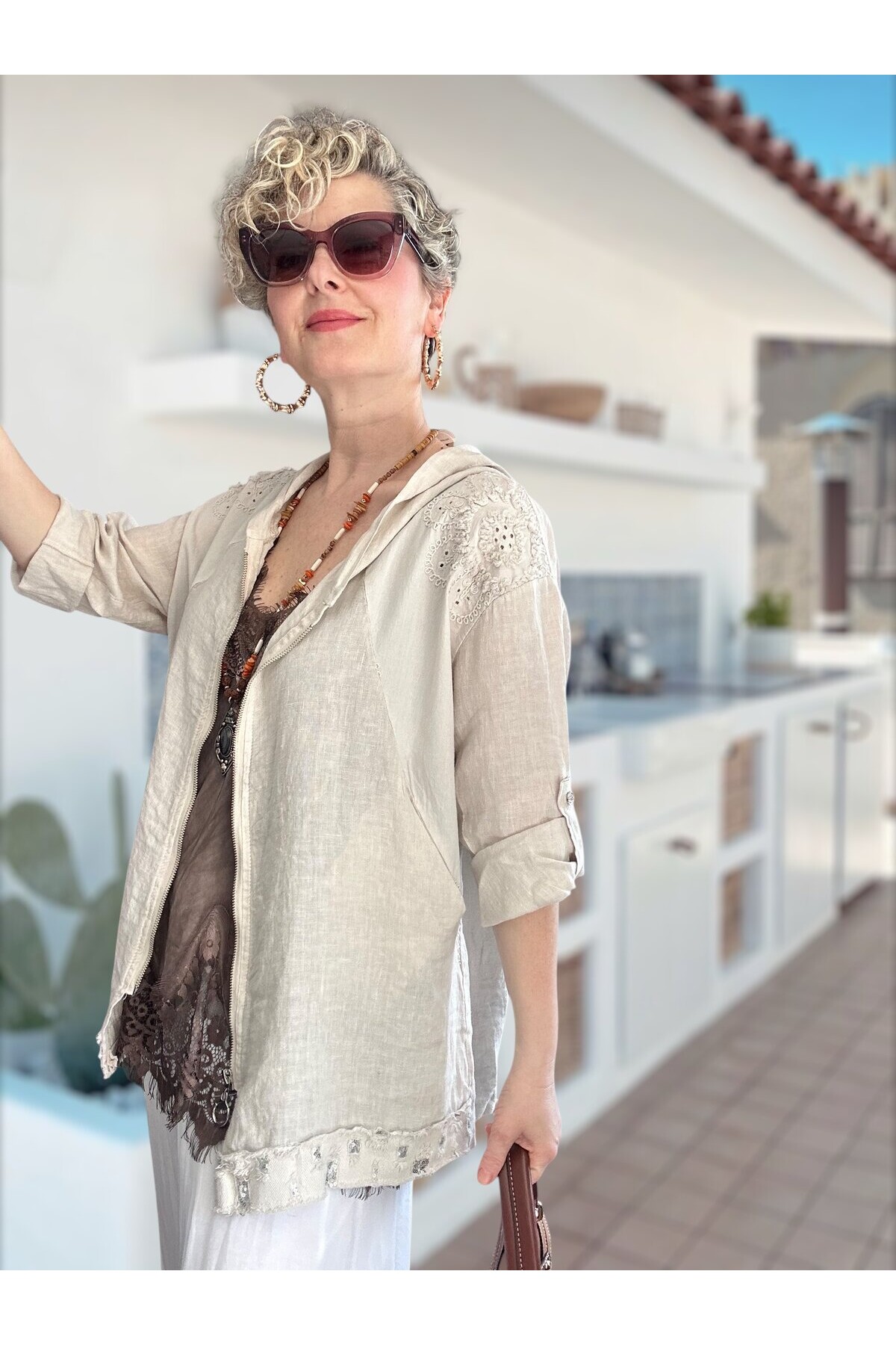 Ratta Fisto İşlemeli Payet Detaylı Truvakar Kol Keten Ceket Beige