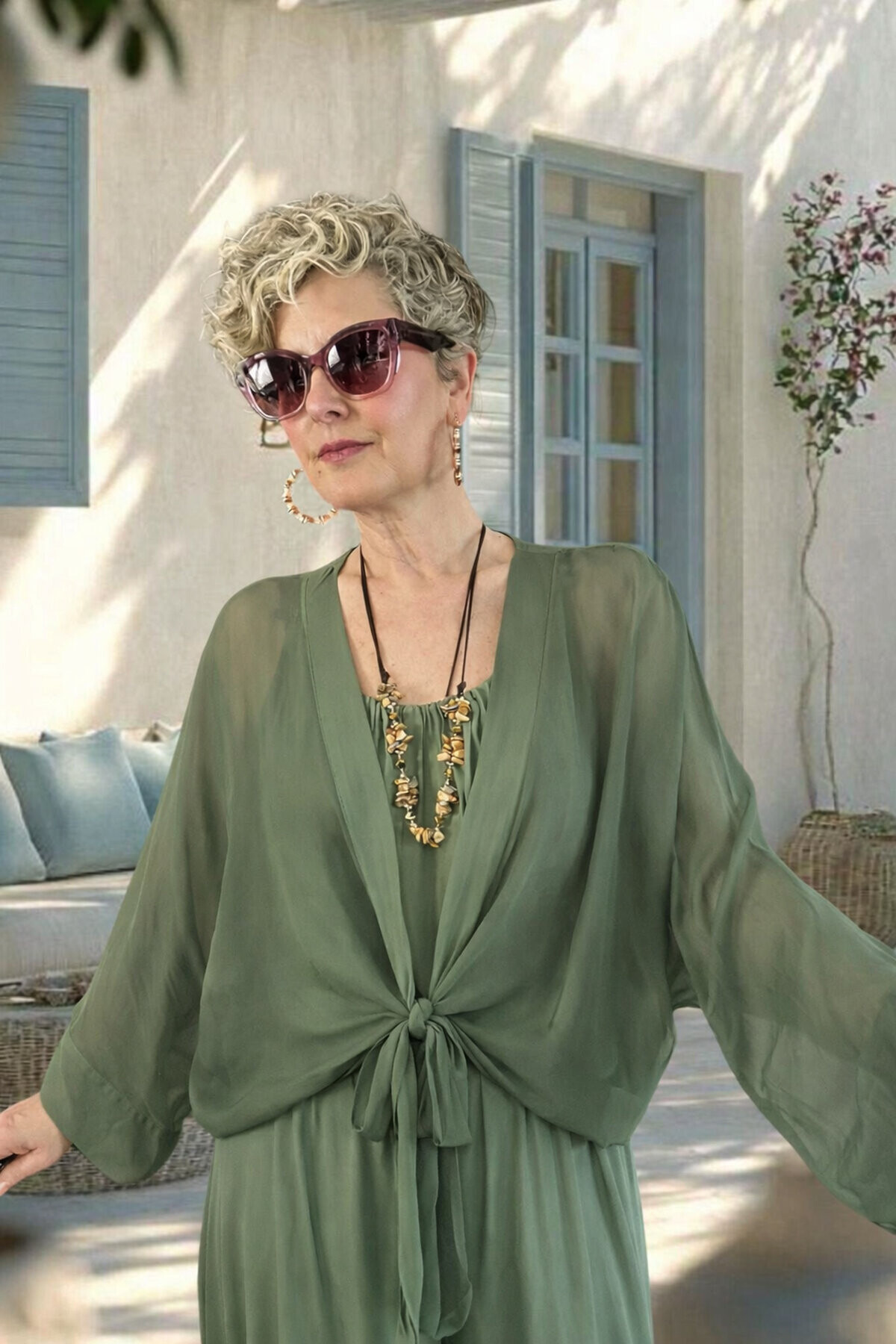 Retti Ön Düğüm Detay İtayan İpek Karışımlı  Bluz Military