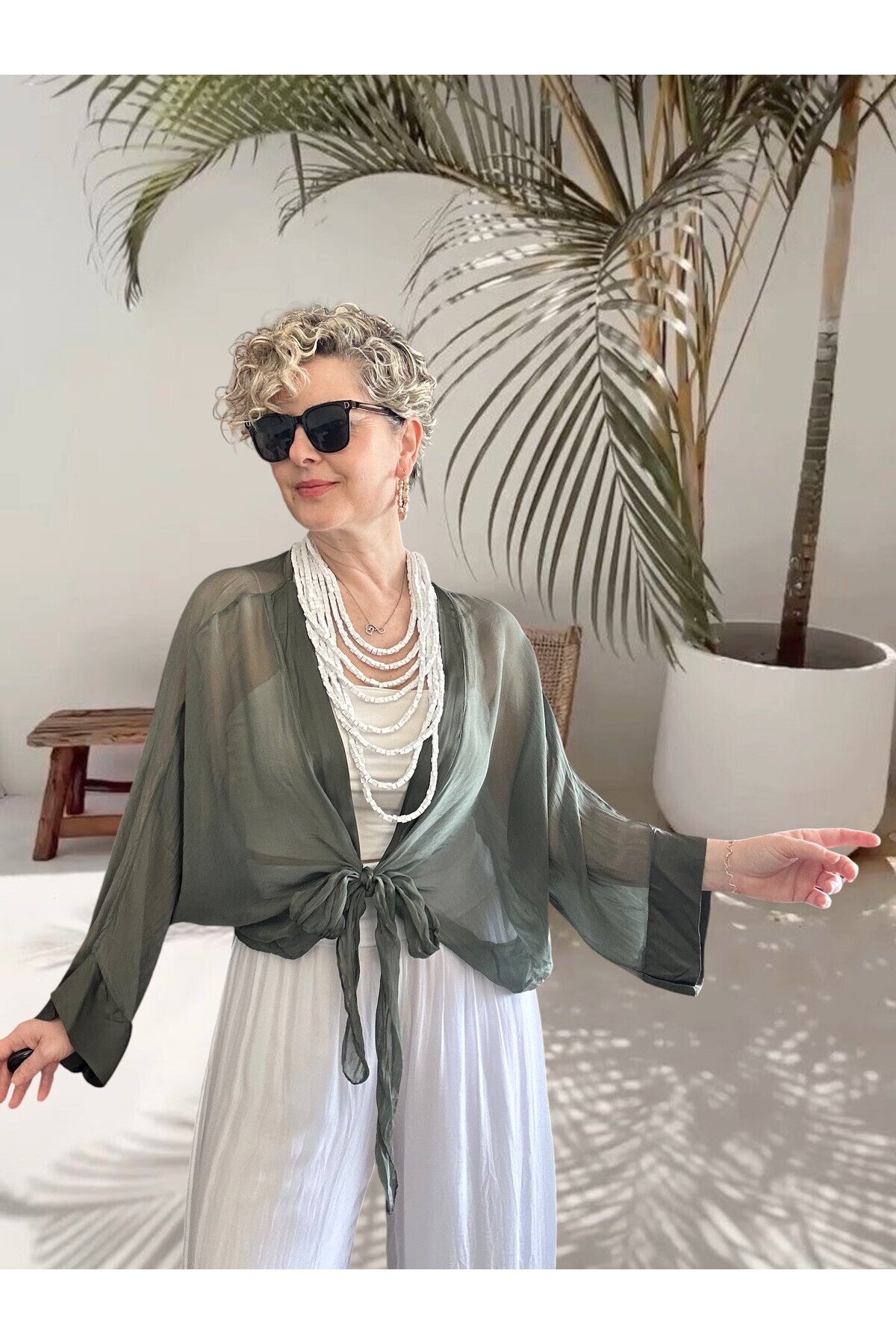 Retti Ön Düğüm Detay İtayan İpek Karışımlı  Bluz Military