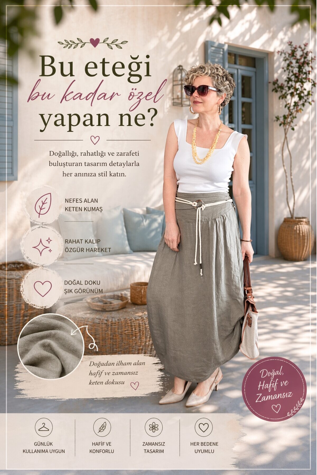 Rezza İtalyan Halka Detaylı Artizan Keten Etek Fango