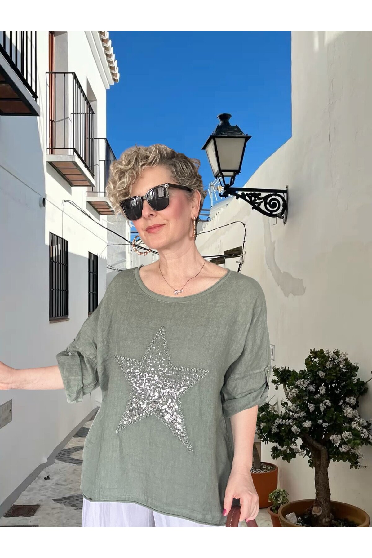 Ricco İthal Yıldız Detaylı Salaş Bluz Haki