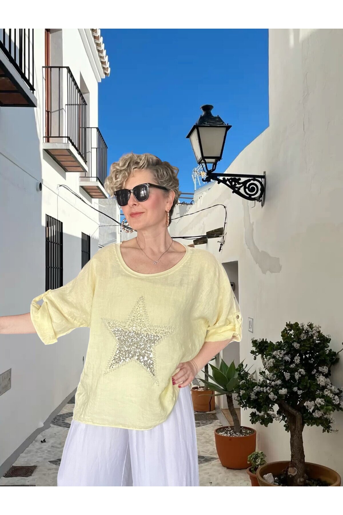 Ricco İthal Yıldız Detaylı Salaş Bluz Sarı