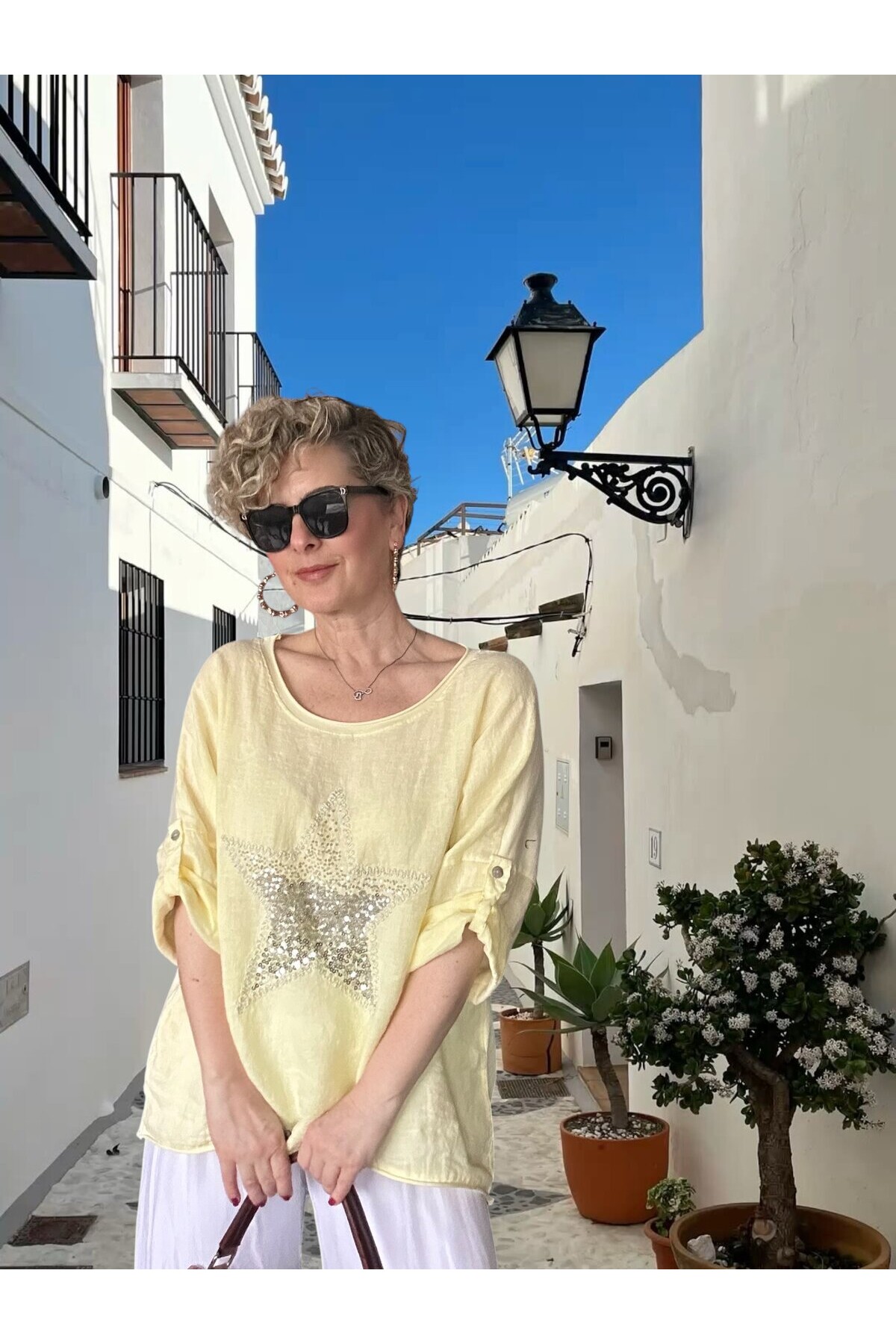 Ricco İthal Yıldız Detaylı Salaş Bluz Sarı