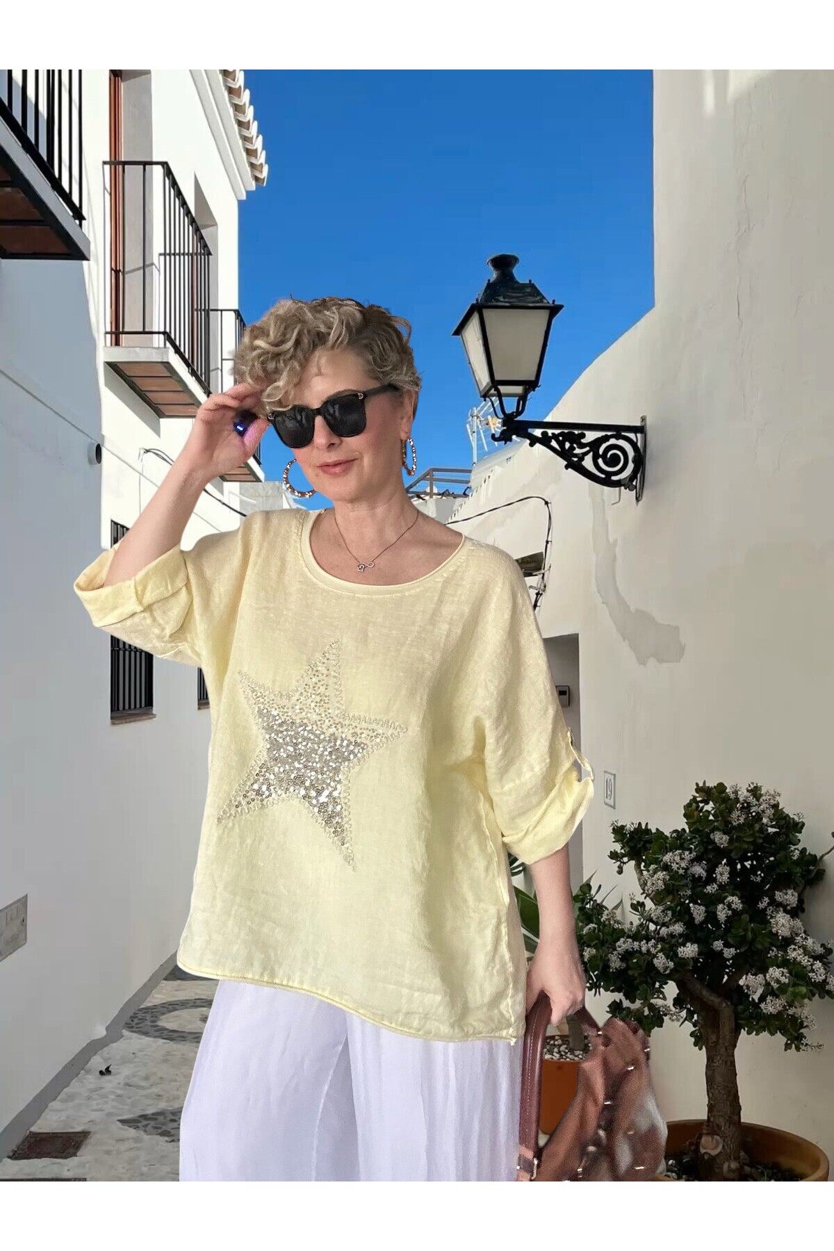 Ricco İthal Yıldız Detaylı Salaş Bluz Sarı